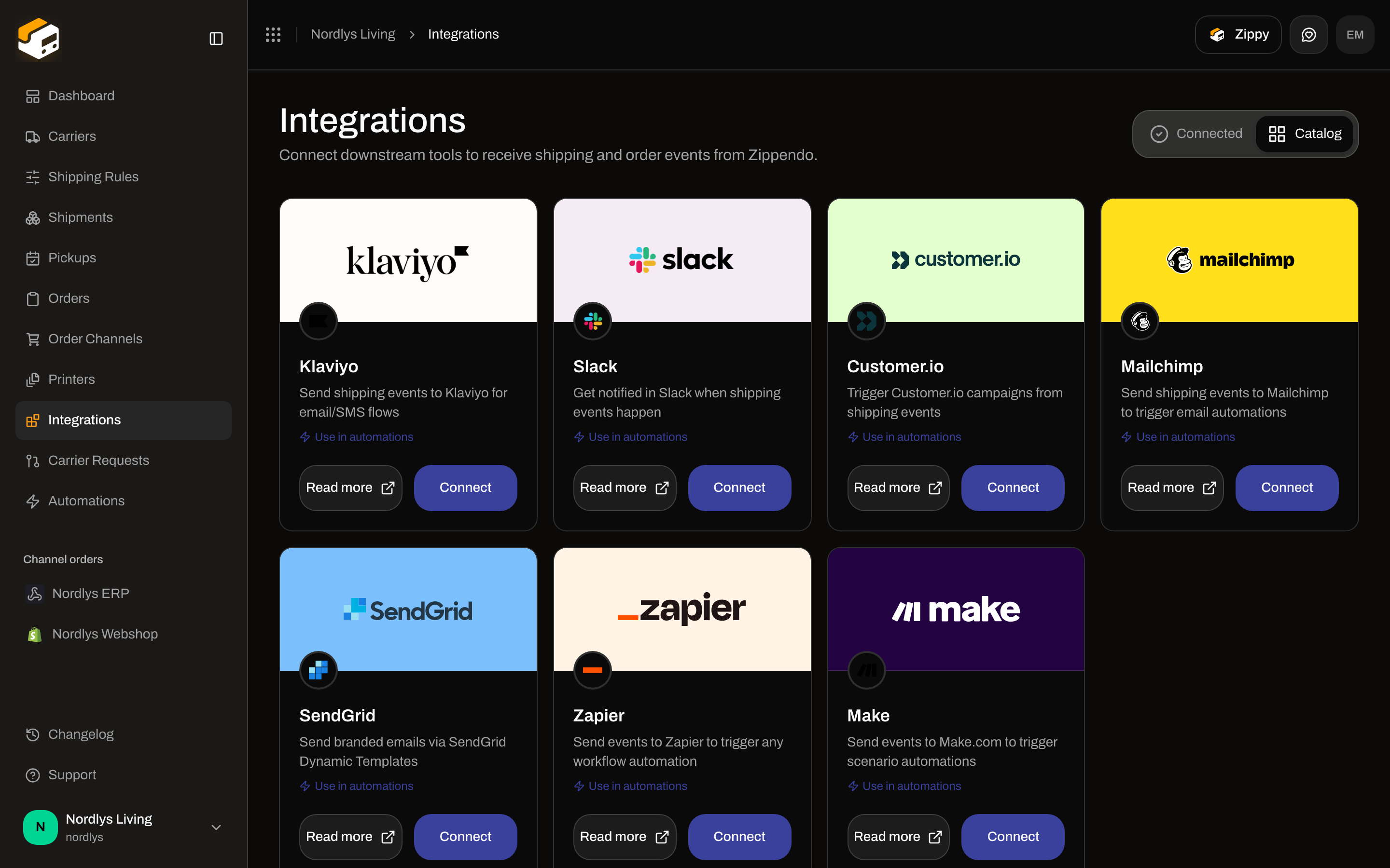 Integrations catalog with Klaviyo, Slack, Customer.io, Mailchimp, SendGrid, Zapier, and Make