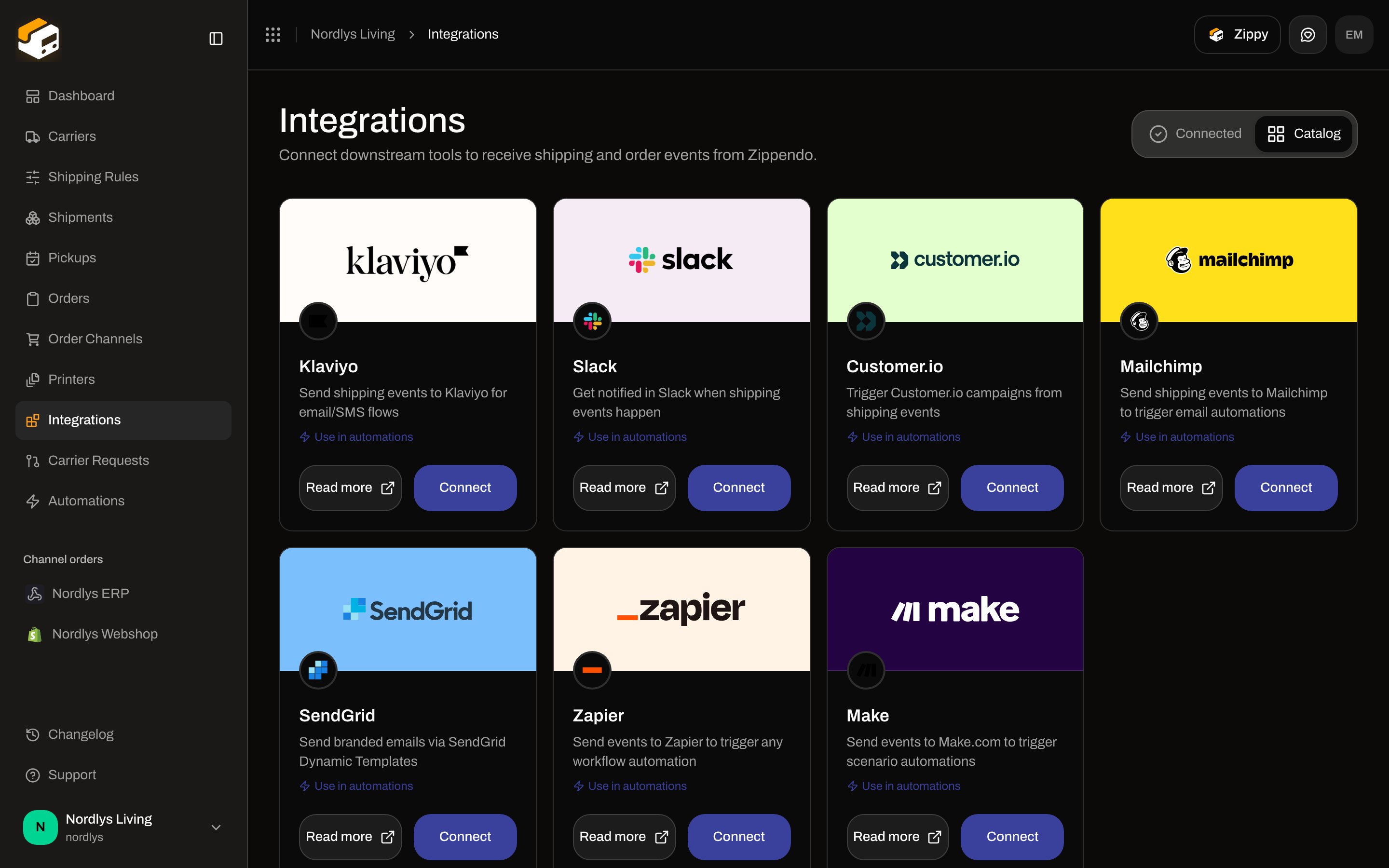 Integrations catalog with Klaviyo, Slack, Customer.io, Mailchimp, SendGrid, Zapier, and Make