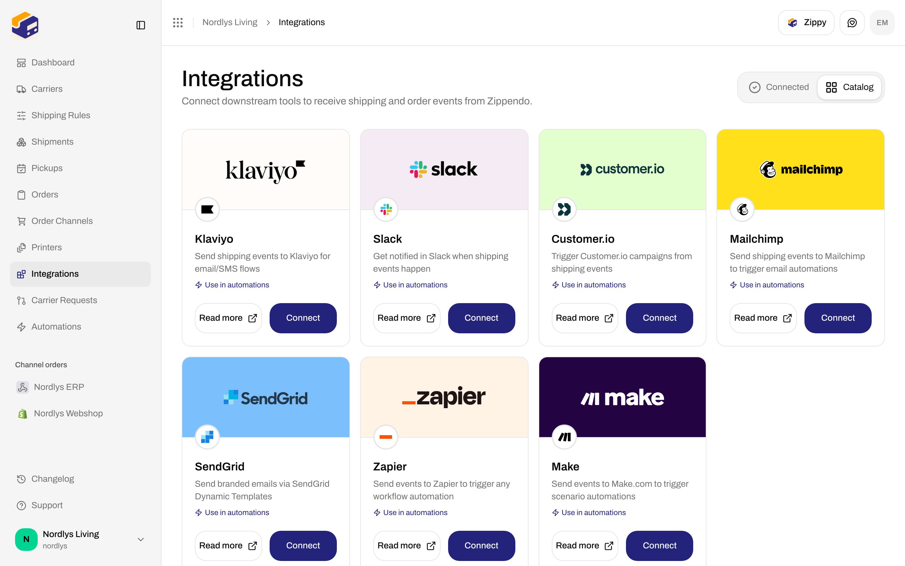 Integrations catalog with Klaviyo, Slack, Customer.io, Mailchimp, SendGrid, Zapier, and Make