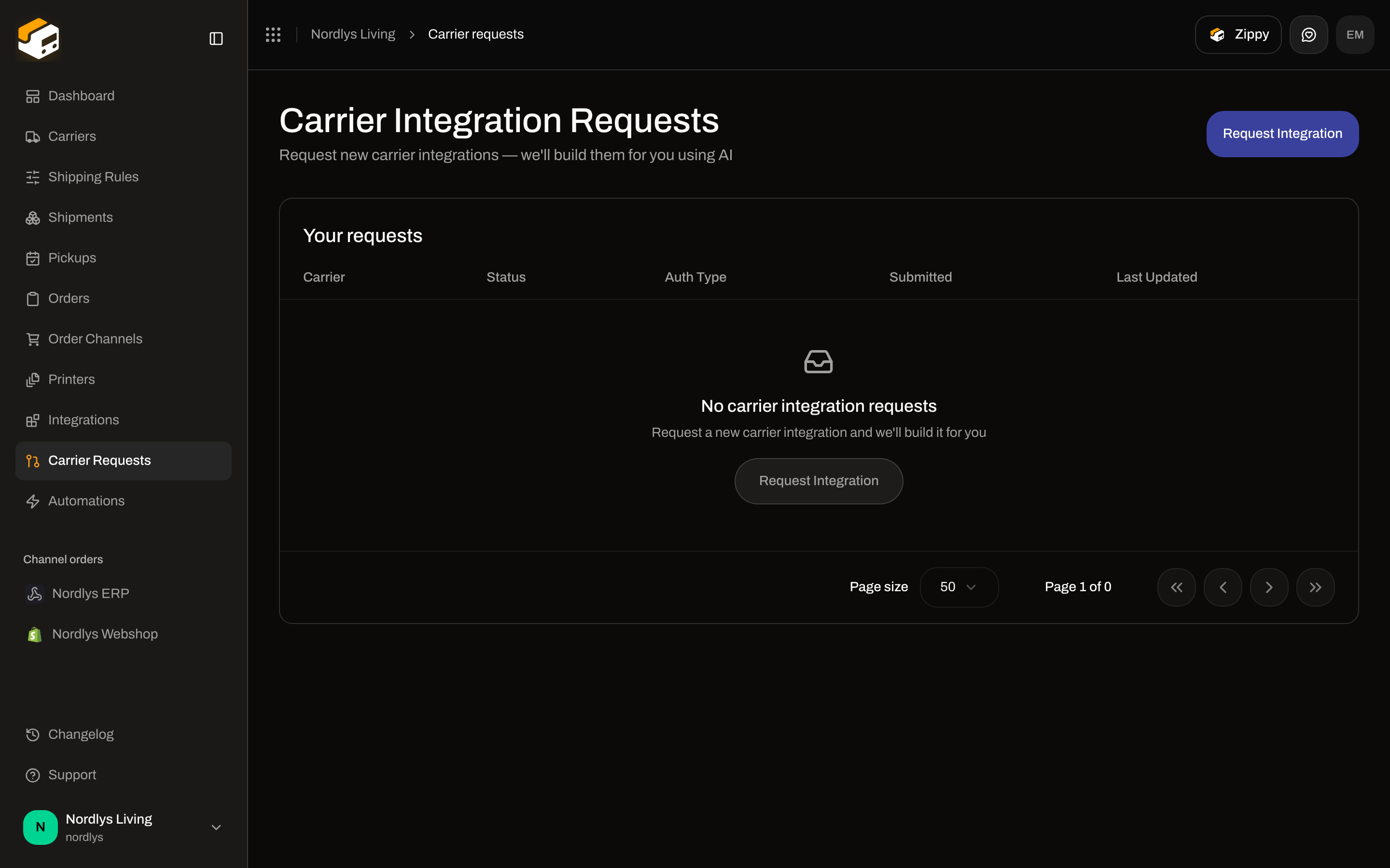 Carrier Integration Requests empty state with Request Integration