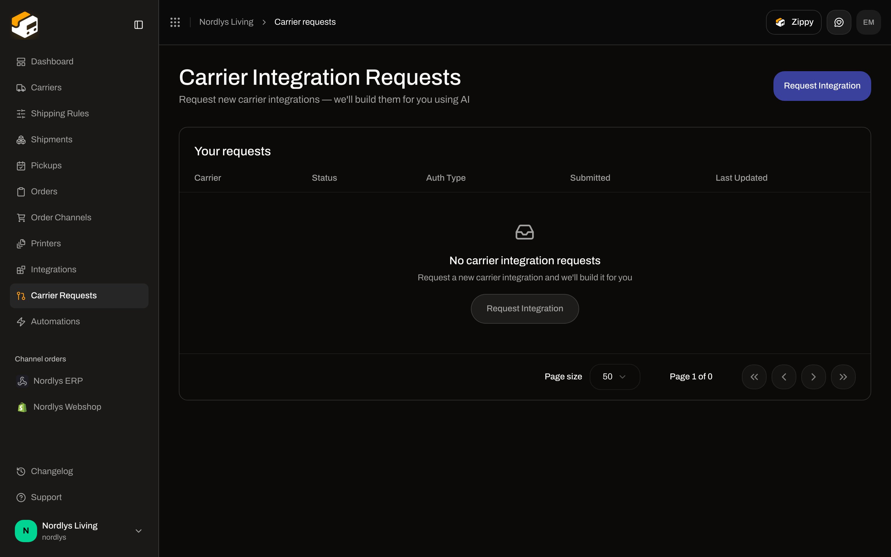 Carrier Integration Requests empty state with Request Integration
