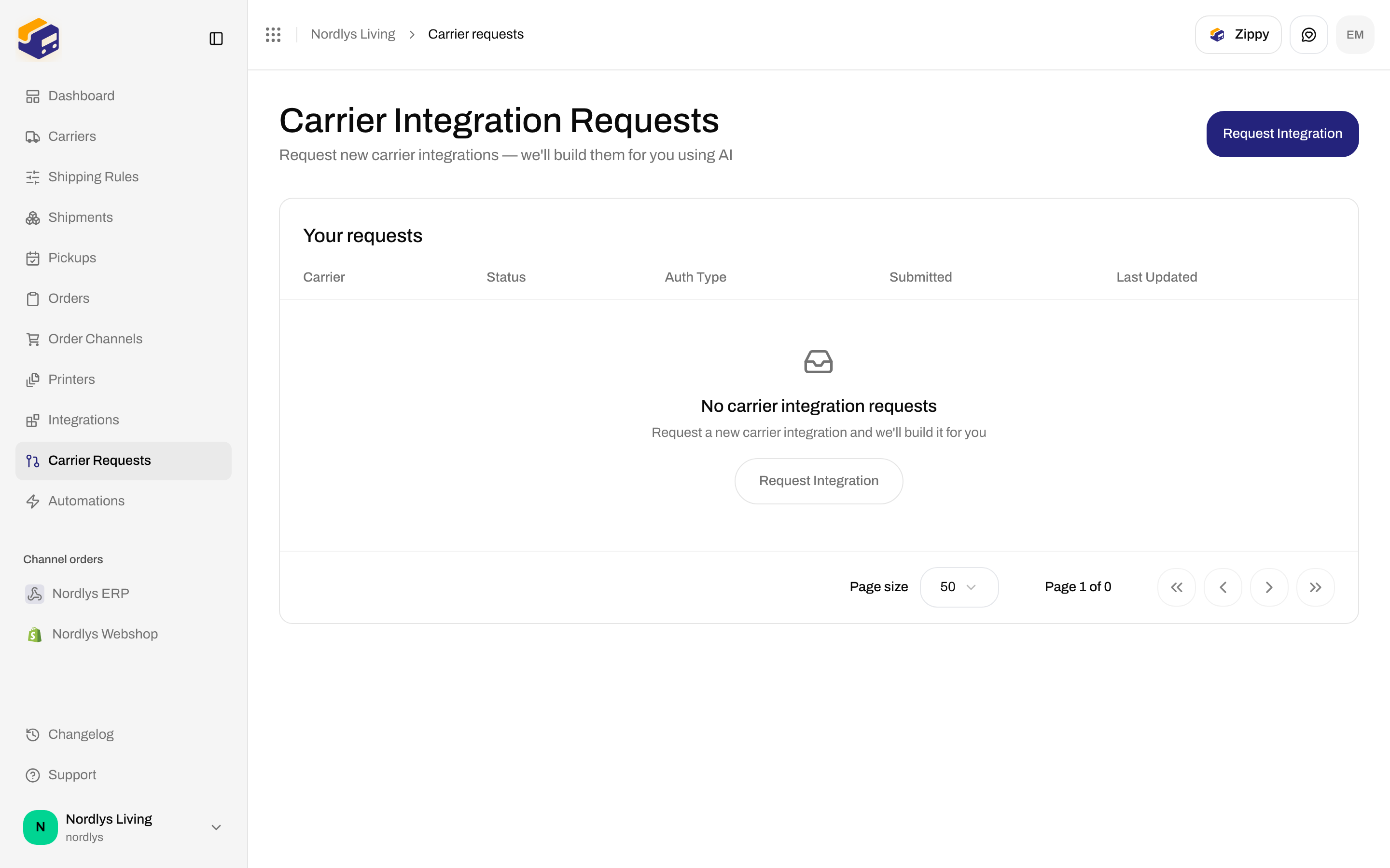 Carrier Integration Requests empty state with Request Integration