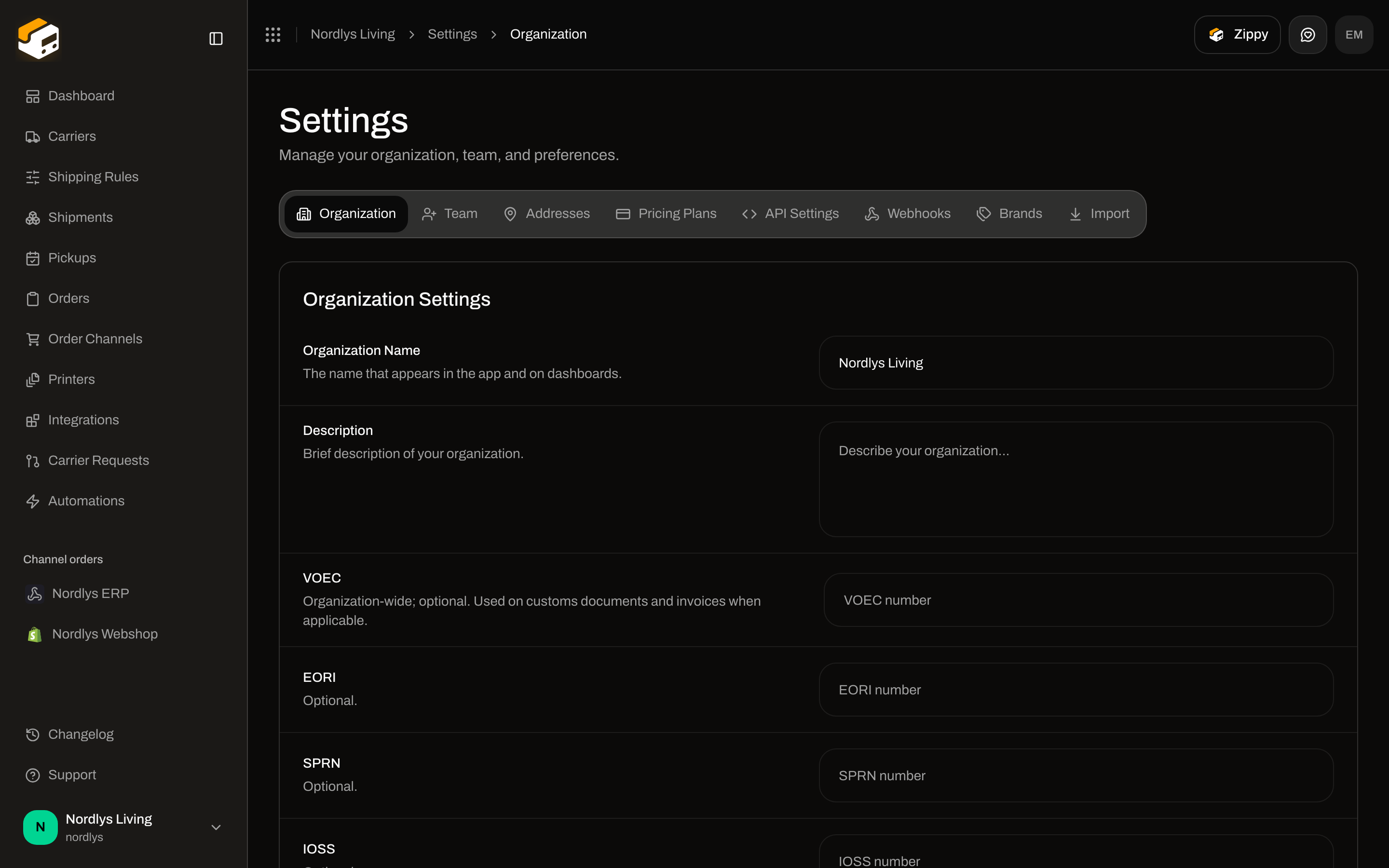 Organization Settings with Organization Name Nordlys Living and VAT, EORI, SPRN, IOSS fields