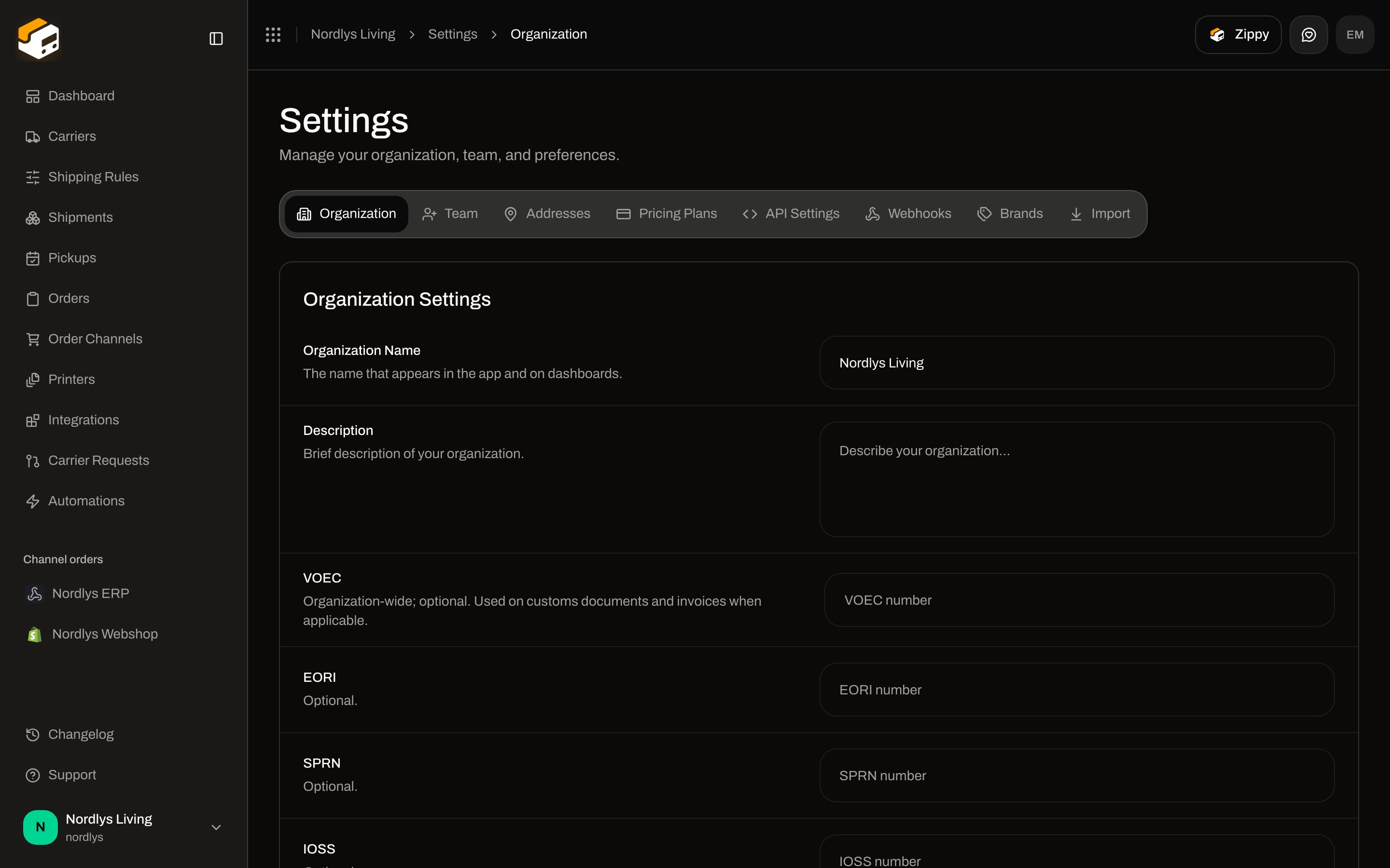 Organization Settings with Organization Name Nordlys Living and VAT, EORI, SPRN, IOSS fields