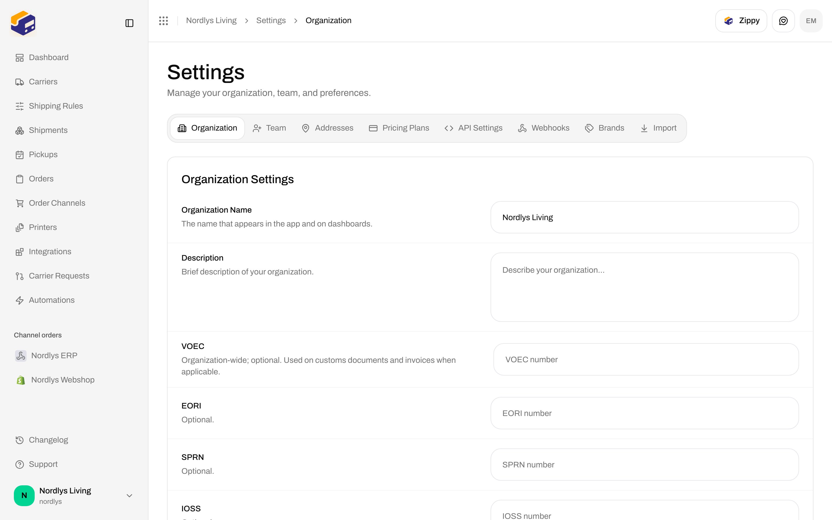 Organization Settings with Organization Name Nordlys Living and VAT, EORI, SPRN, IOSS fields