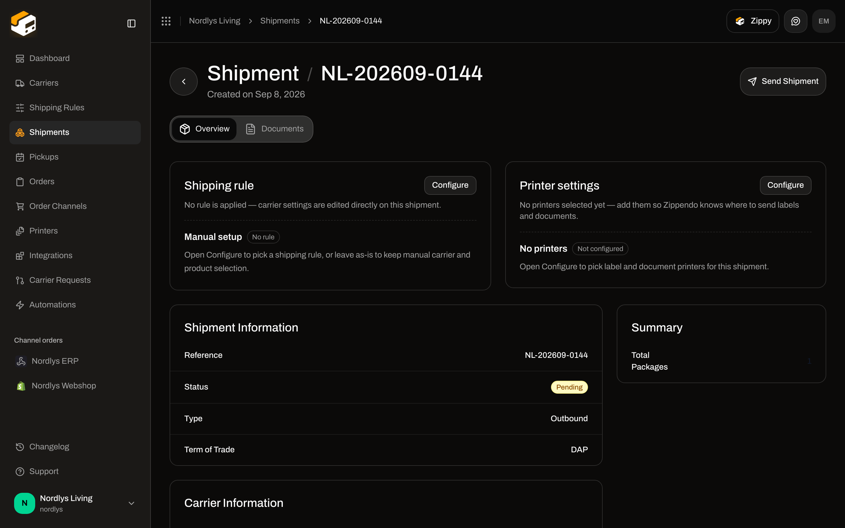 Pending shipment detail with the Send Shipment button in the header