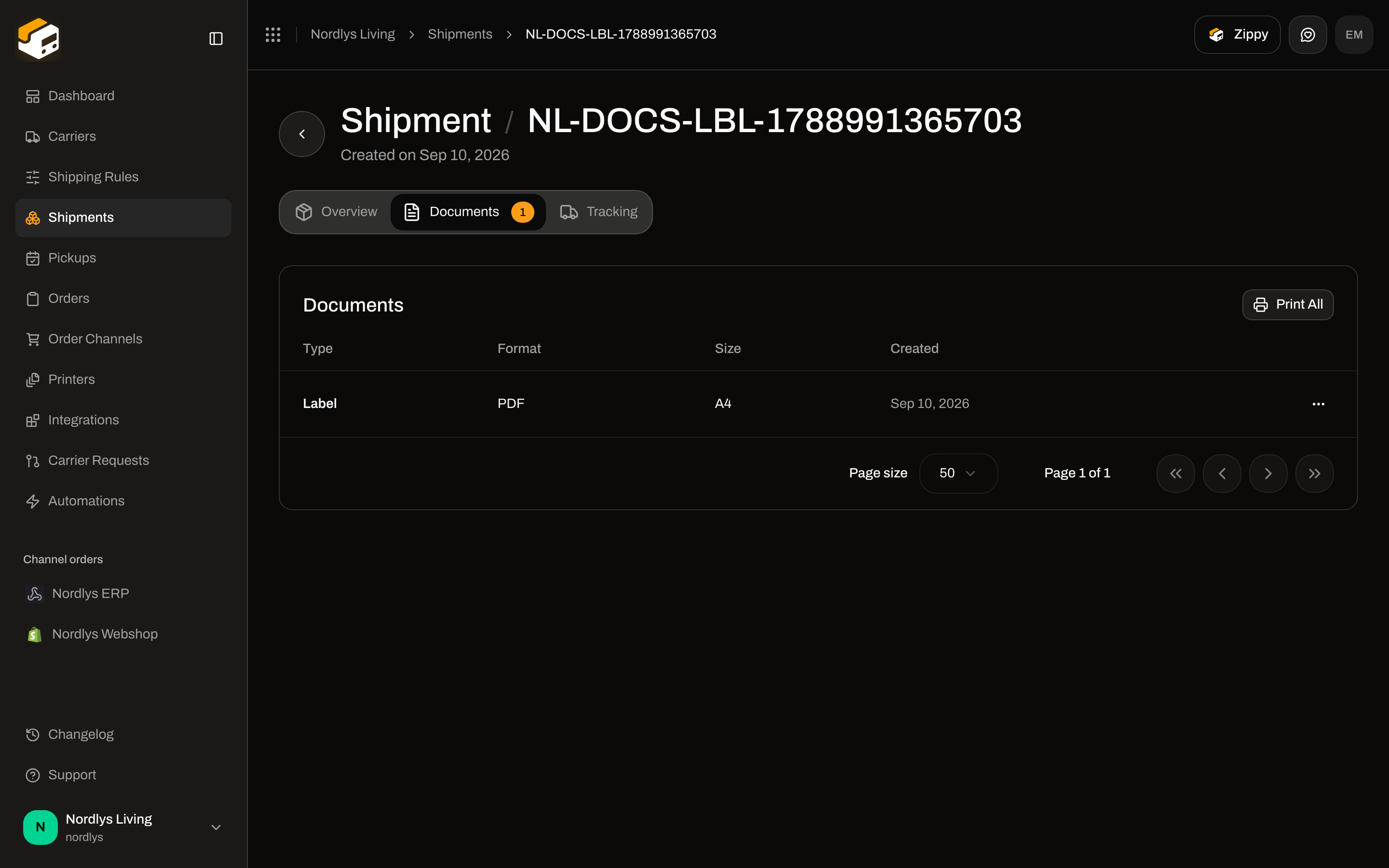 Shipment Documents tab showing a Label row with PDF format and Print All