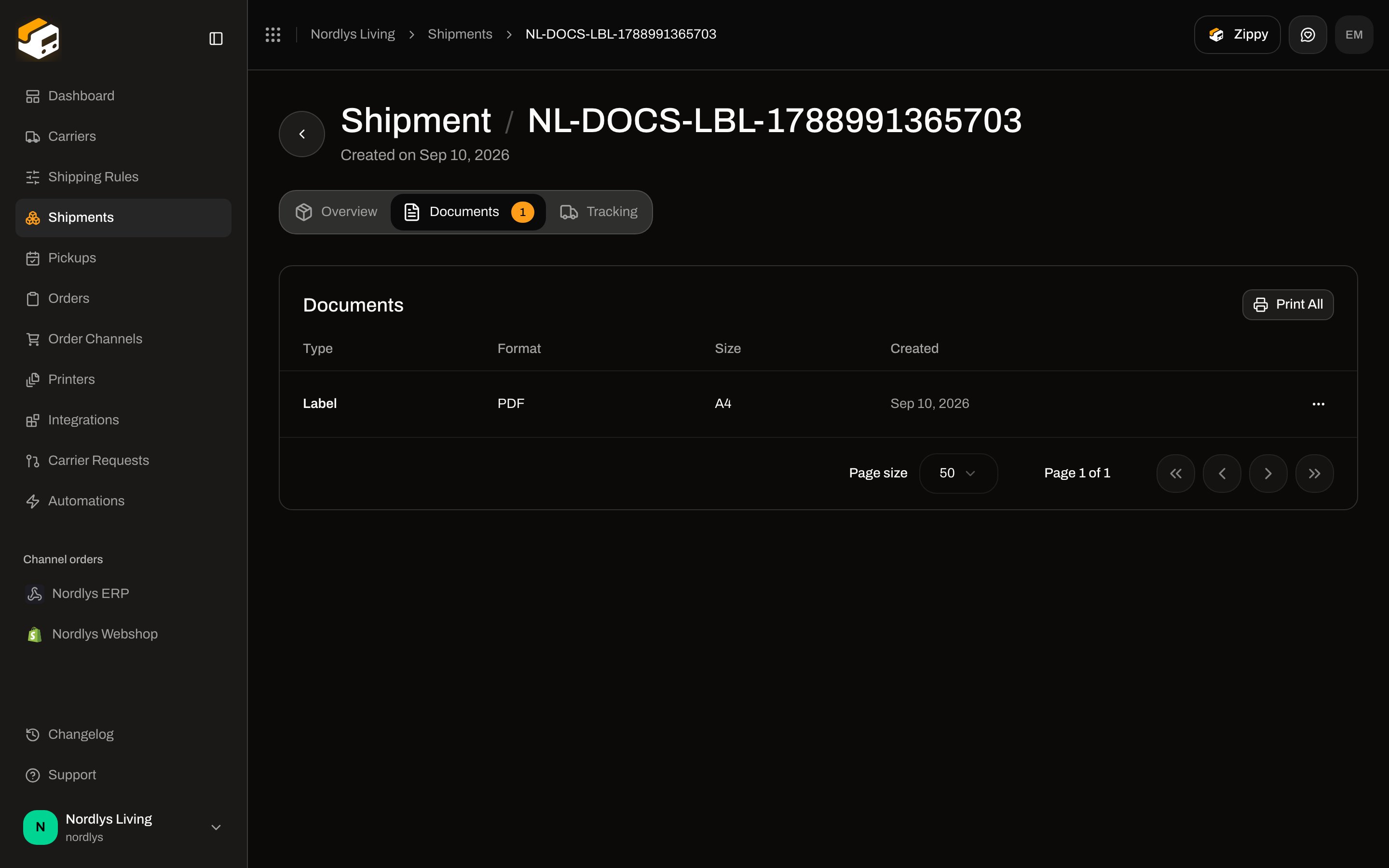 Shipment Documents tab showing a Label row with PDF format and Print All