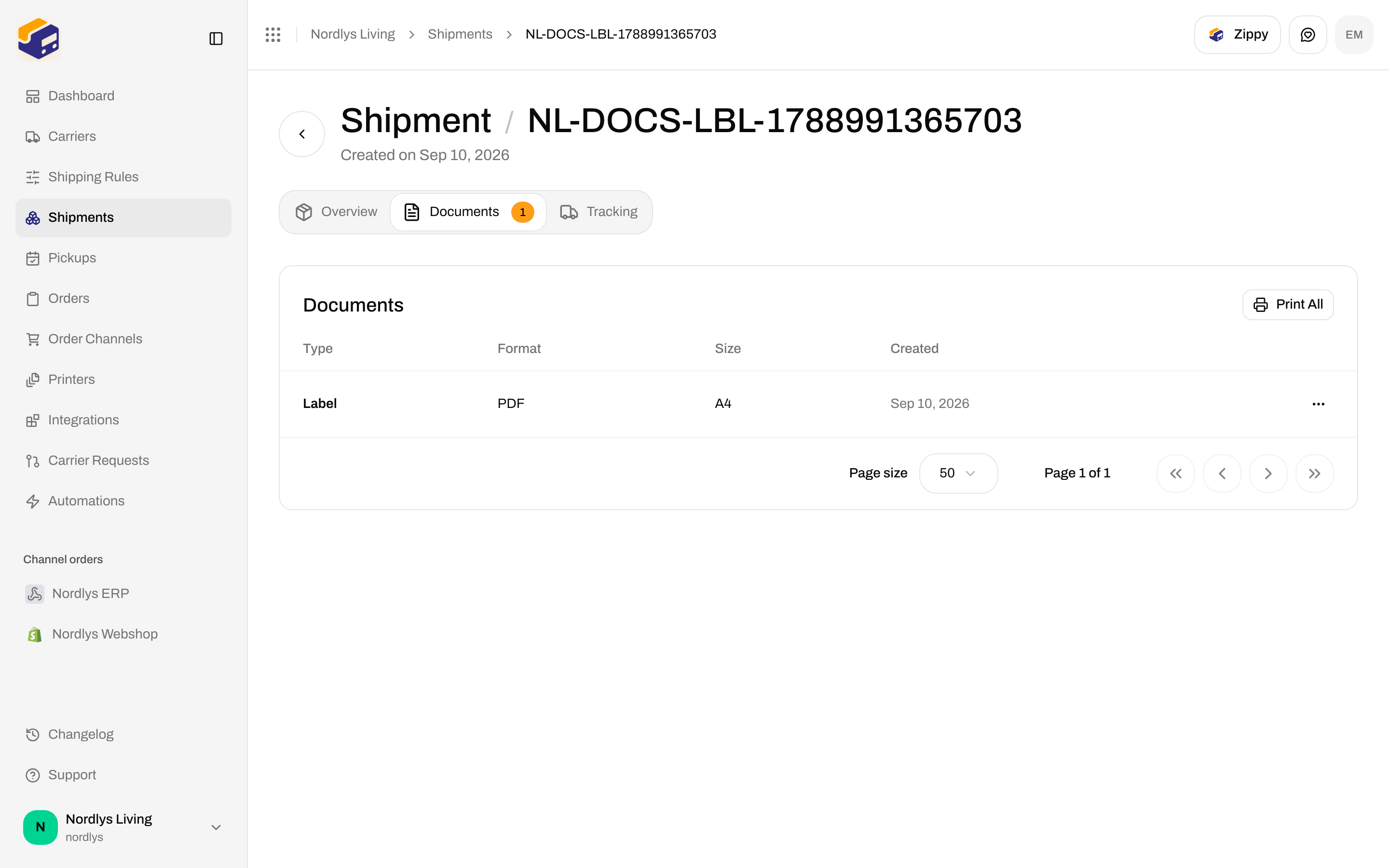Shipment Documents tab showing a Label row with PDF format and Print All