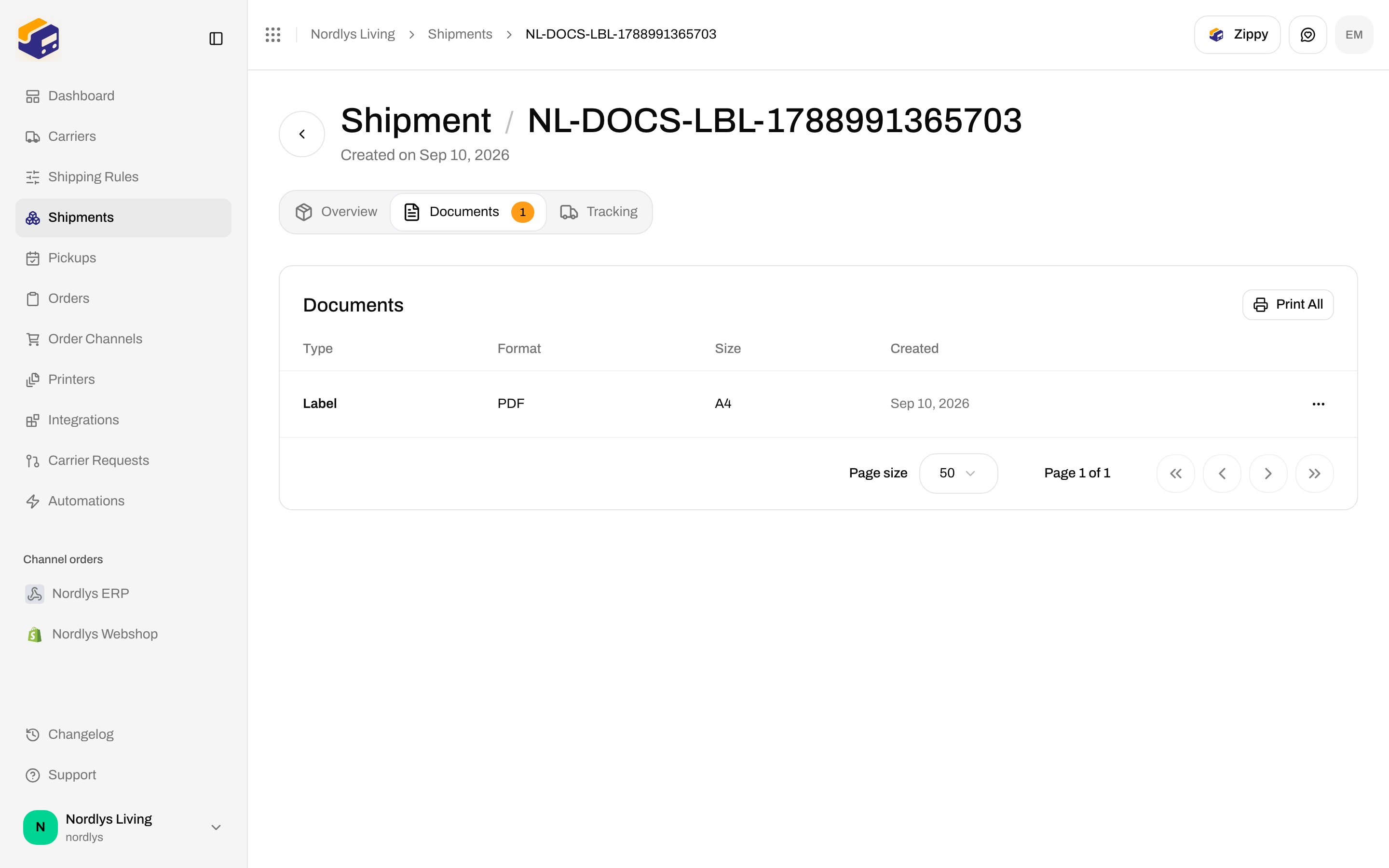 Shipment Documents tab showing a Label row with PDF format and Print All