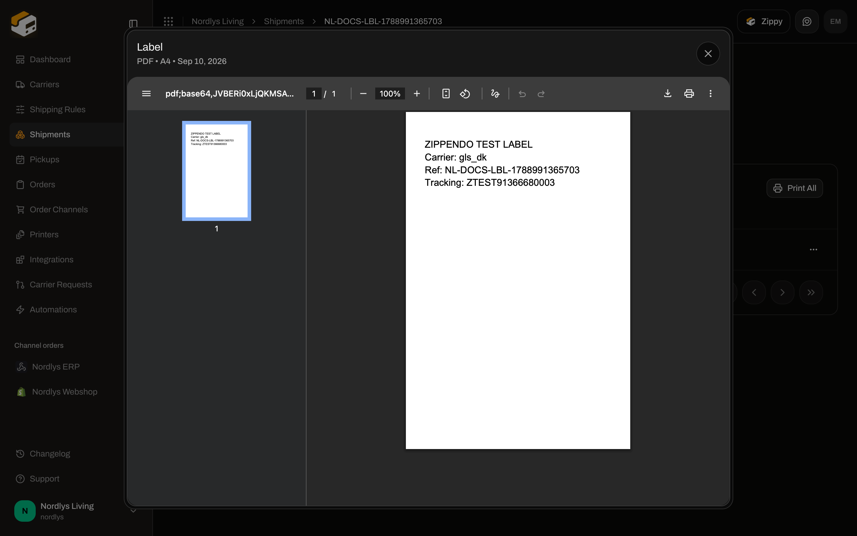 Document viewer modal titled Label showing a PDF preview of the shipping label