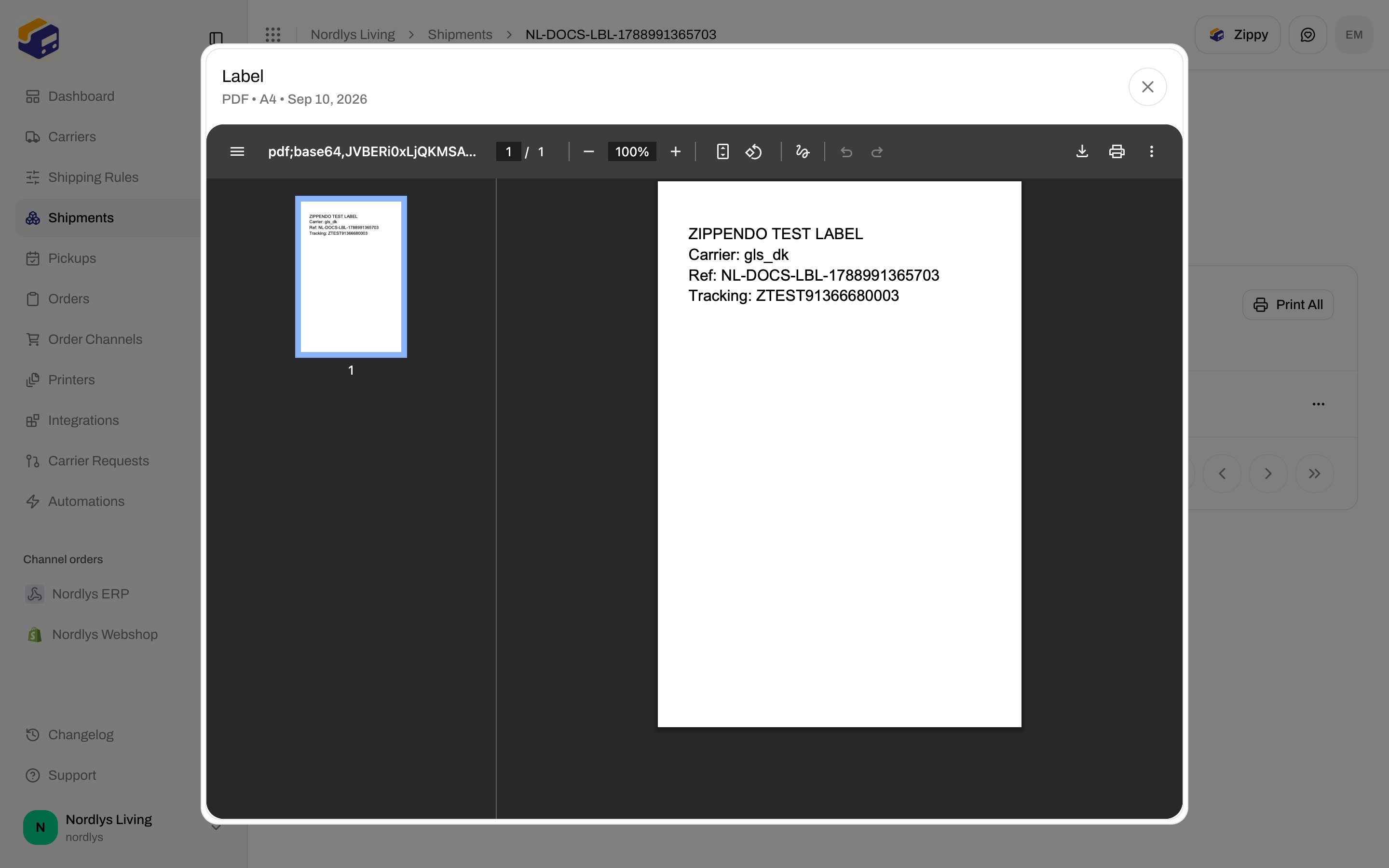Document viewer modal titled Label showing a PDF preview of the shipping label