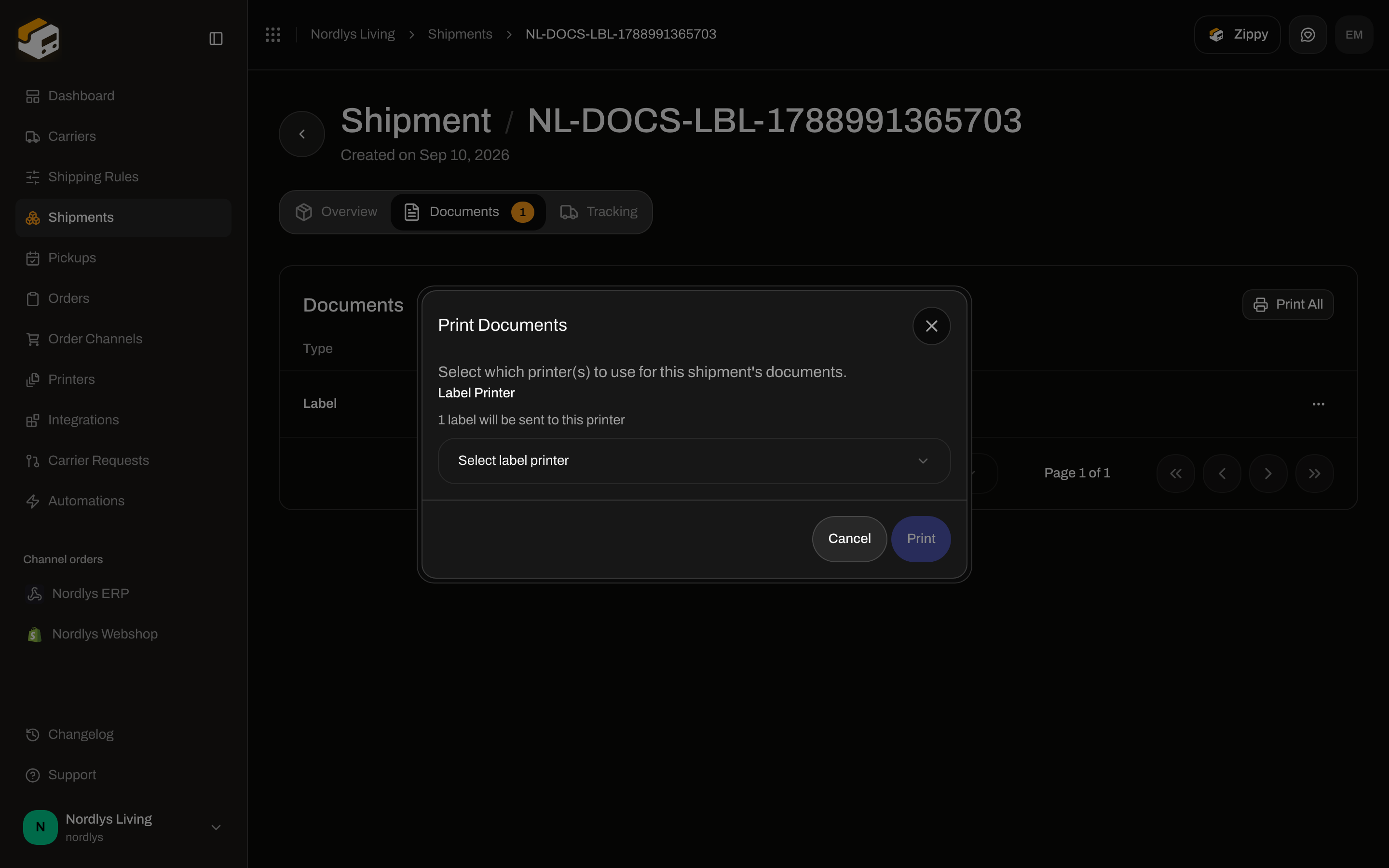 Print Documents modal asking for a label printer