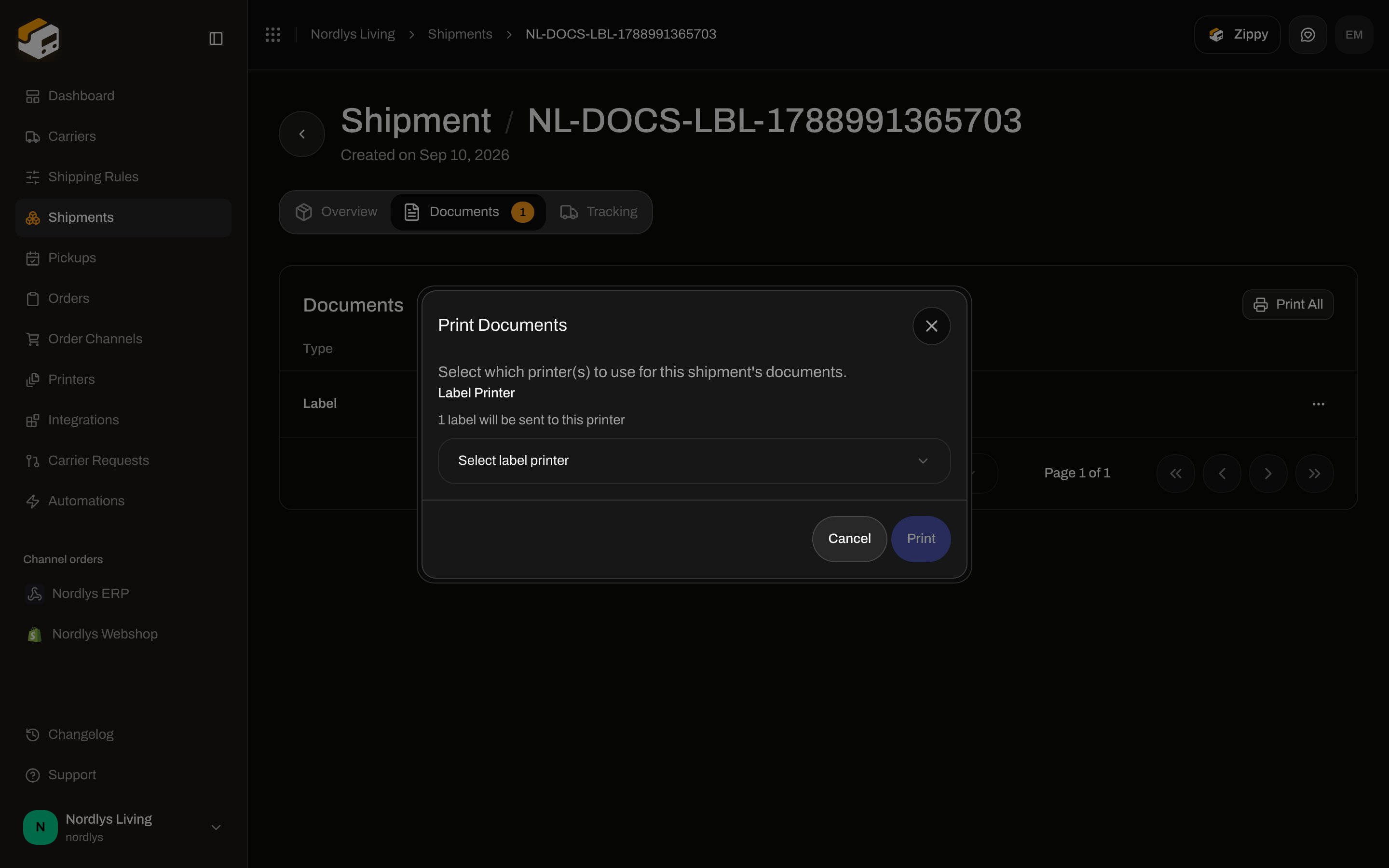 Print Documents modal asking for a label printer