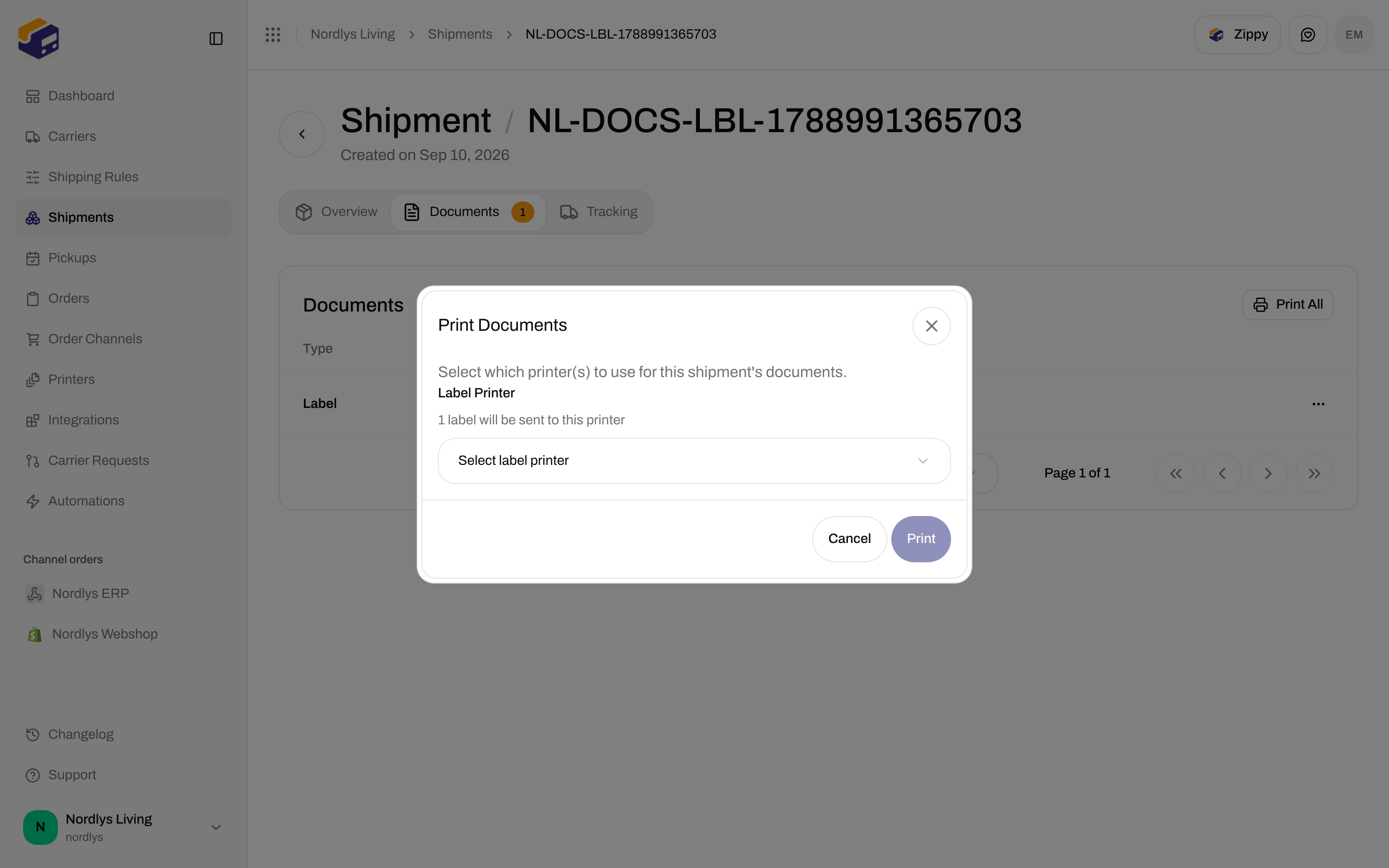 Print Documents modal asking for a label printer