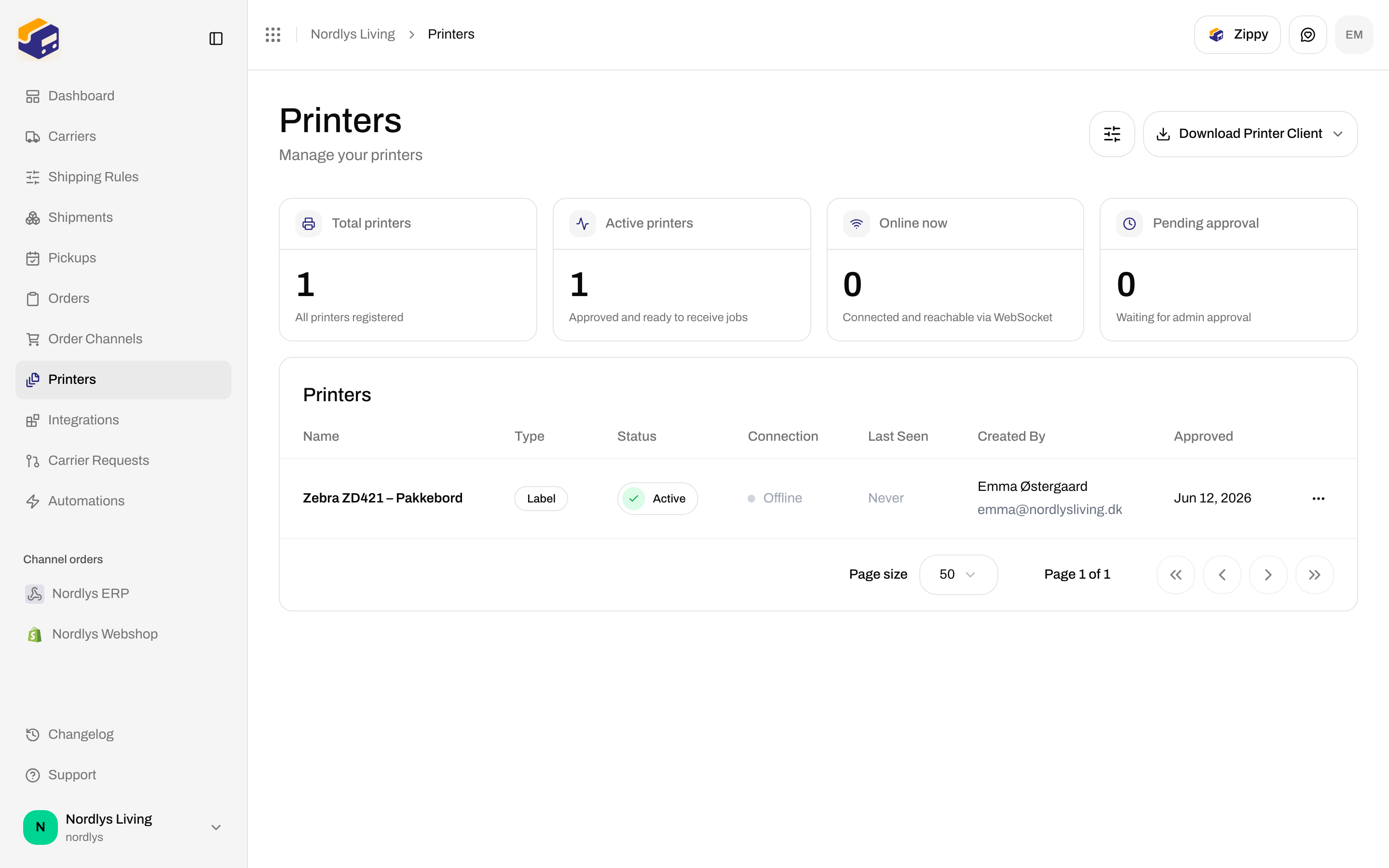Printers page with stats, Download Printer Client, and Zebra ZD421 Pakkebord