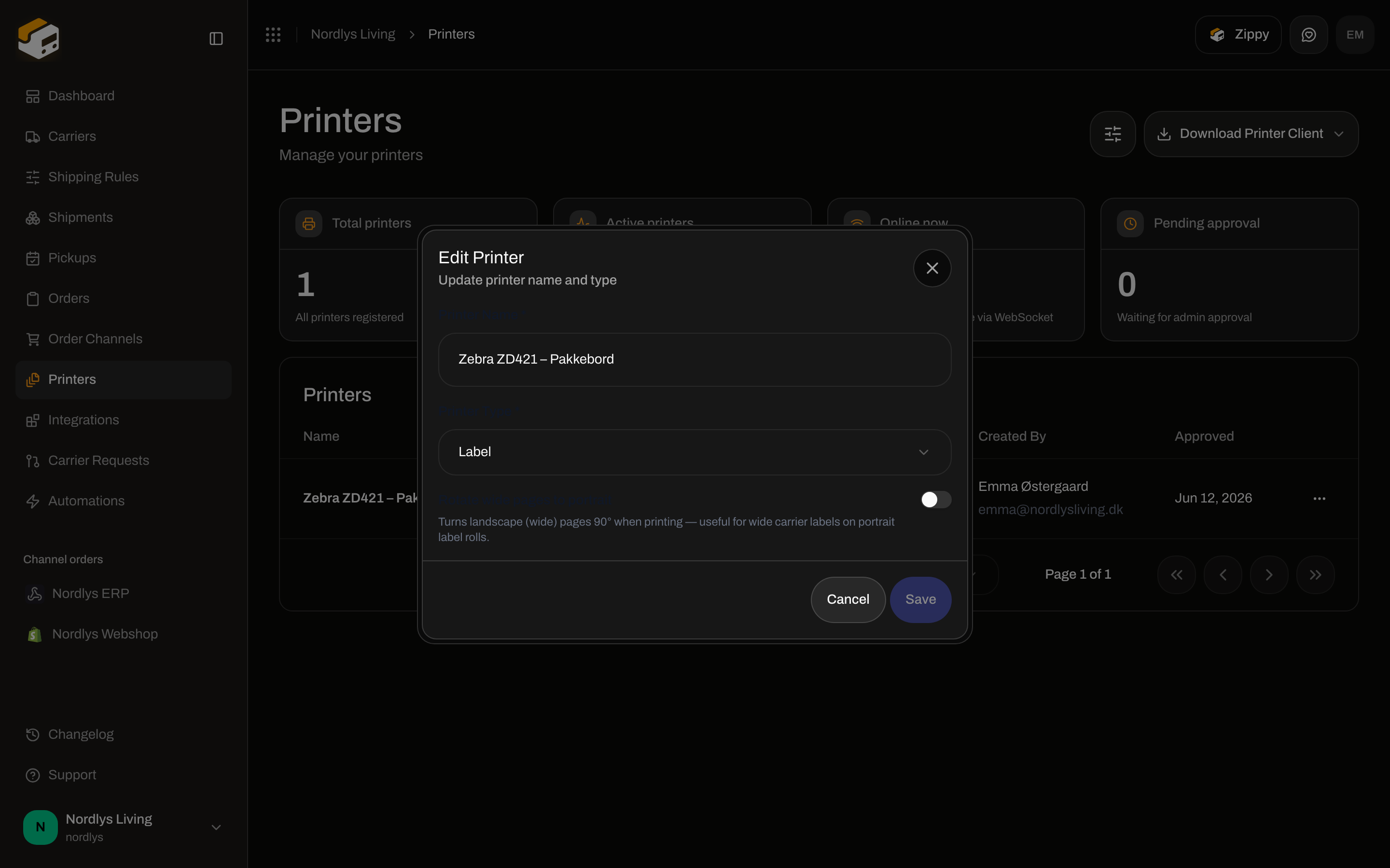 Edit Printer modal with Rotate wide pages to portrait switch