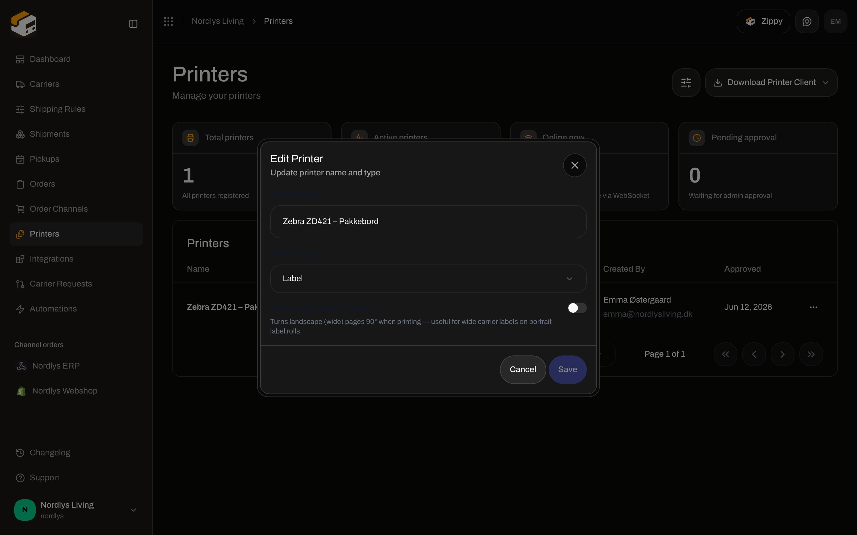 Edit Printer modal with Rotate wide pages to portrait switch
