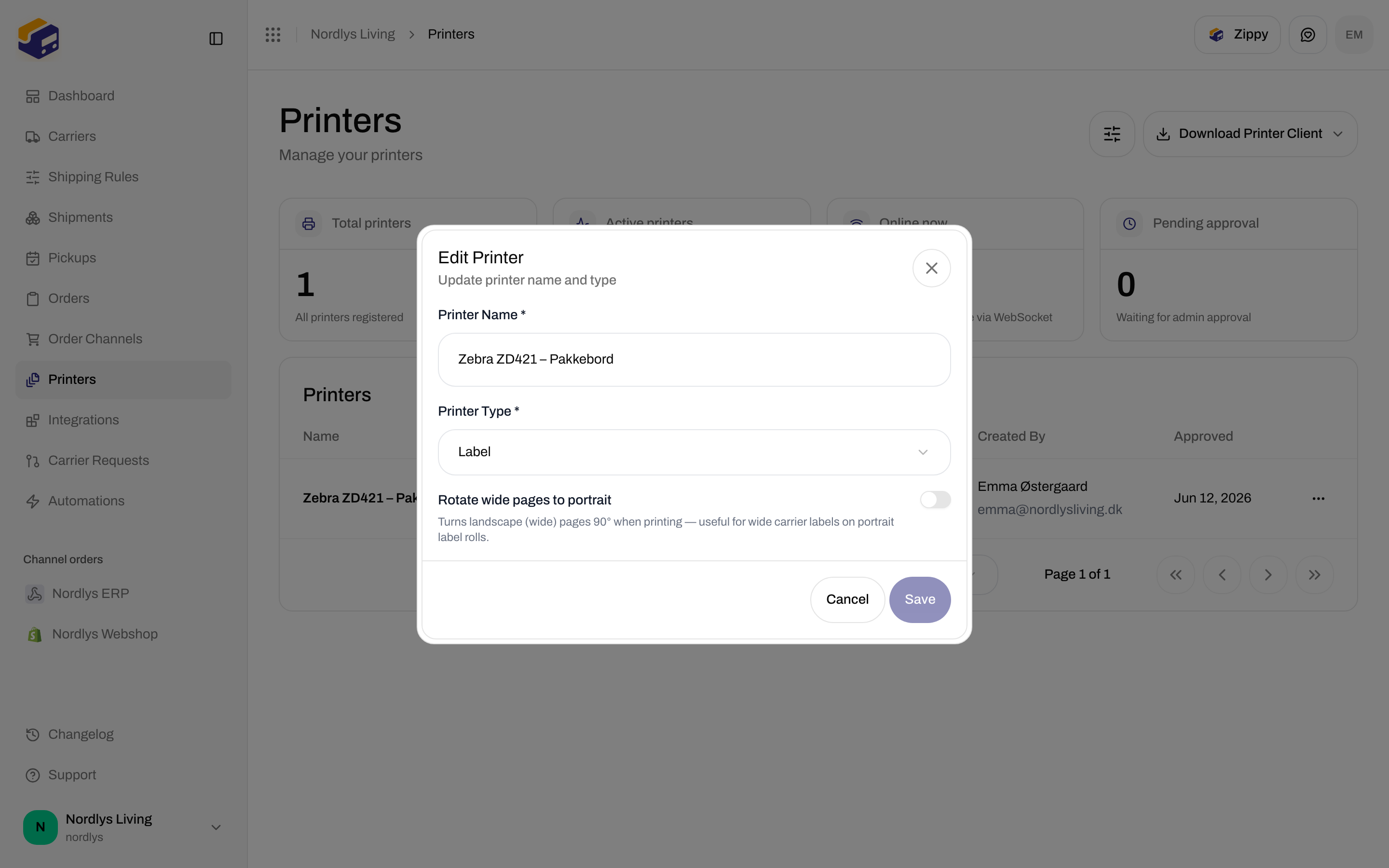 Edit Printer modal with Rotate wide pages to portrait switch