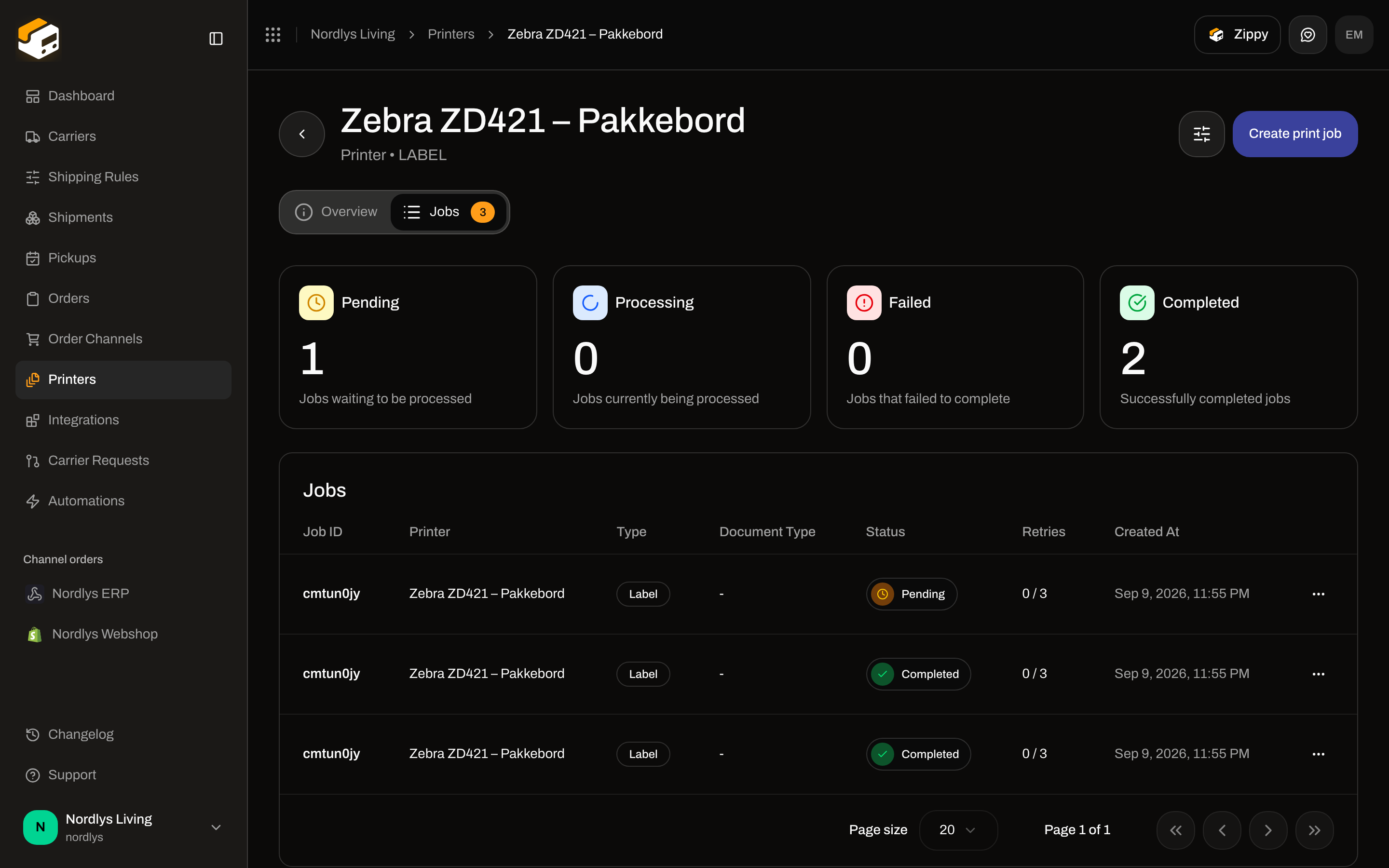 Printer detail for Zebra ZD421 with a jobs list
