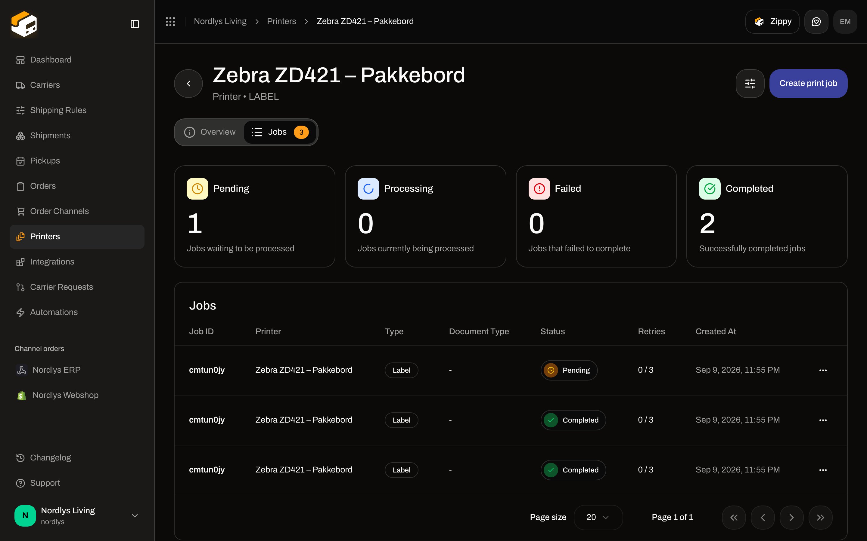 Printer detail for Zebra ZD421 with a jobs list