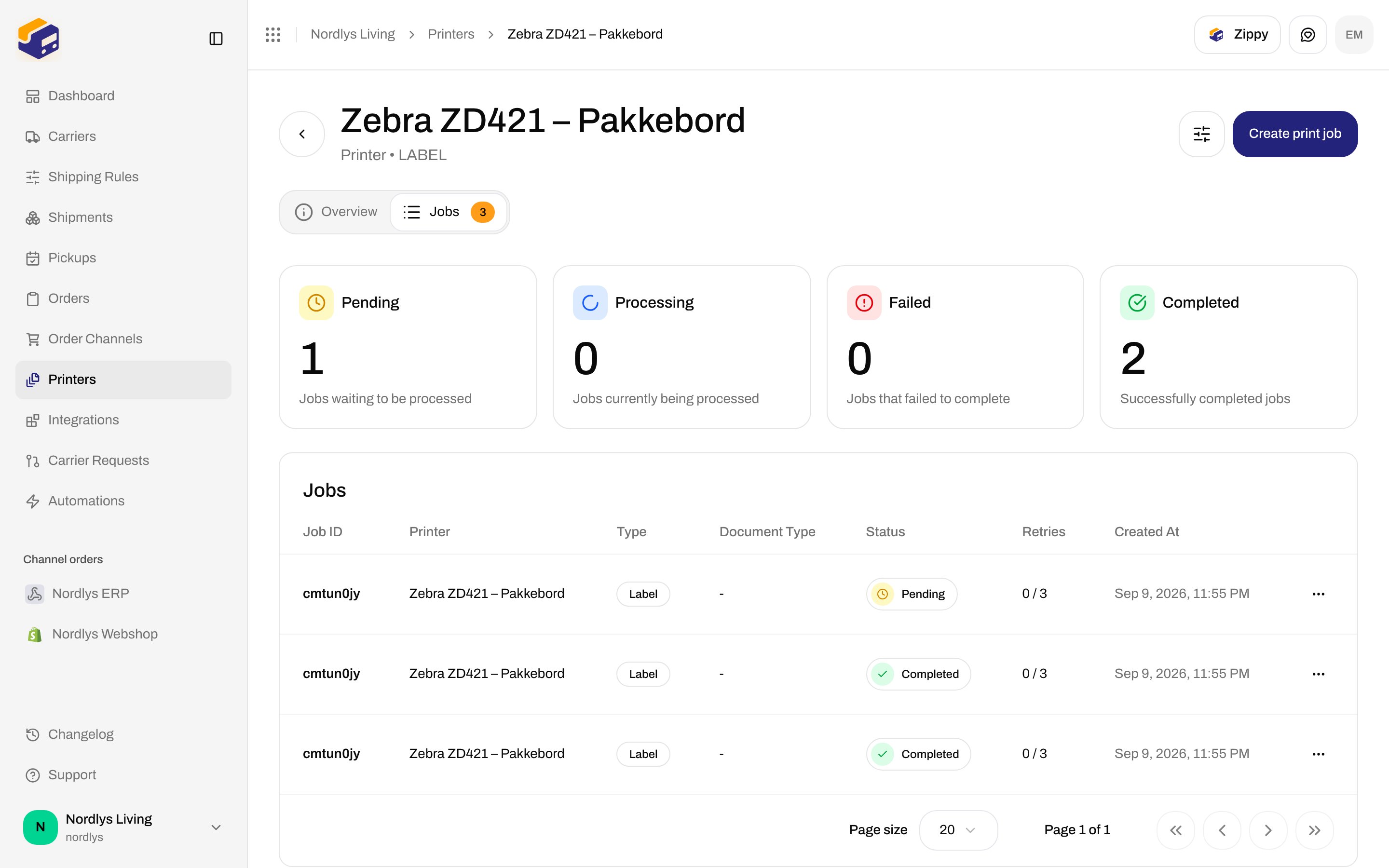Printer detail for Zebra ZD421 with a jobs list