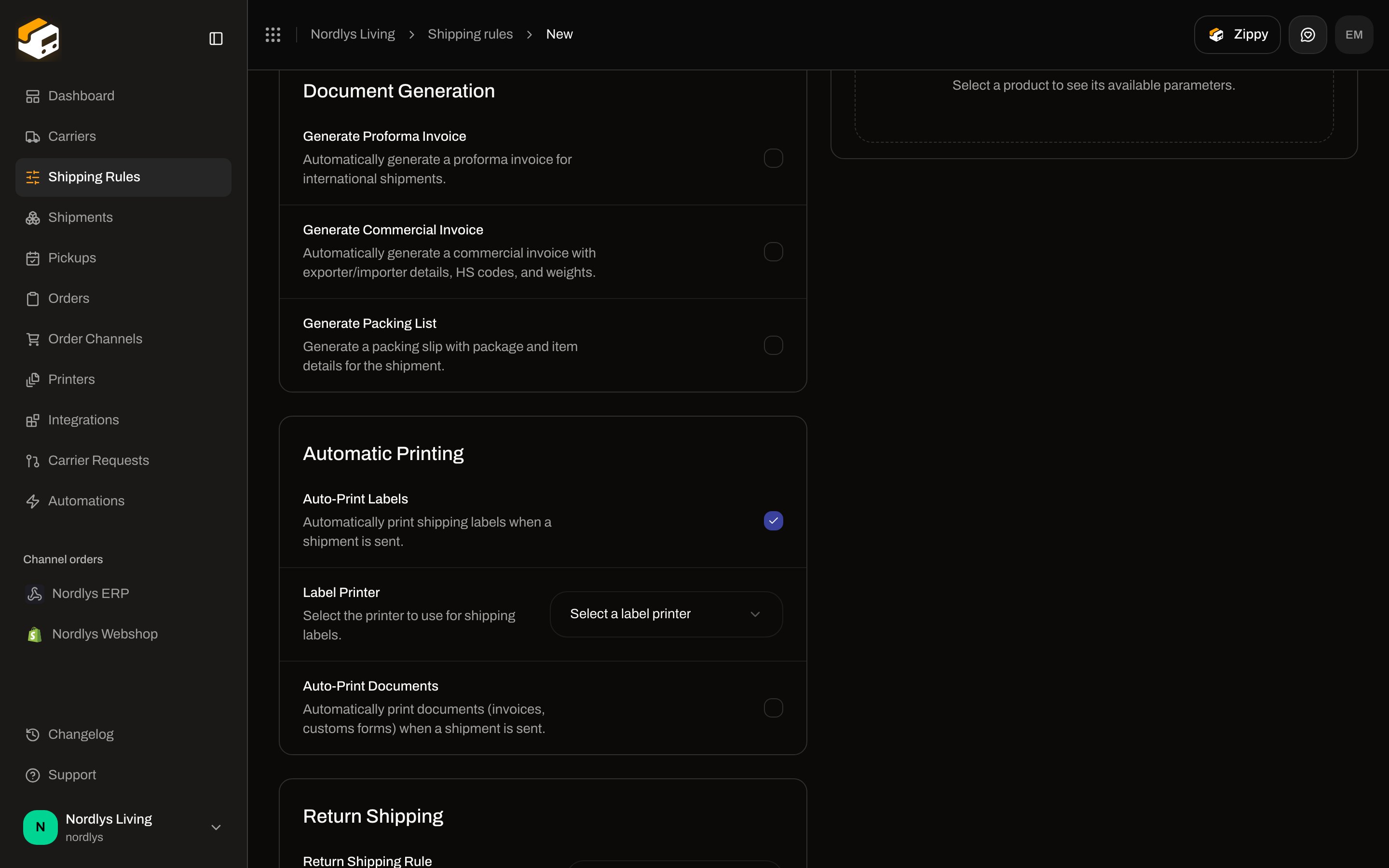 Shipping rule form Automatic Printing section with Auto-Print Labels enabled