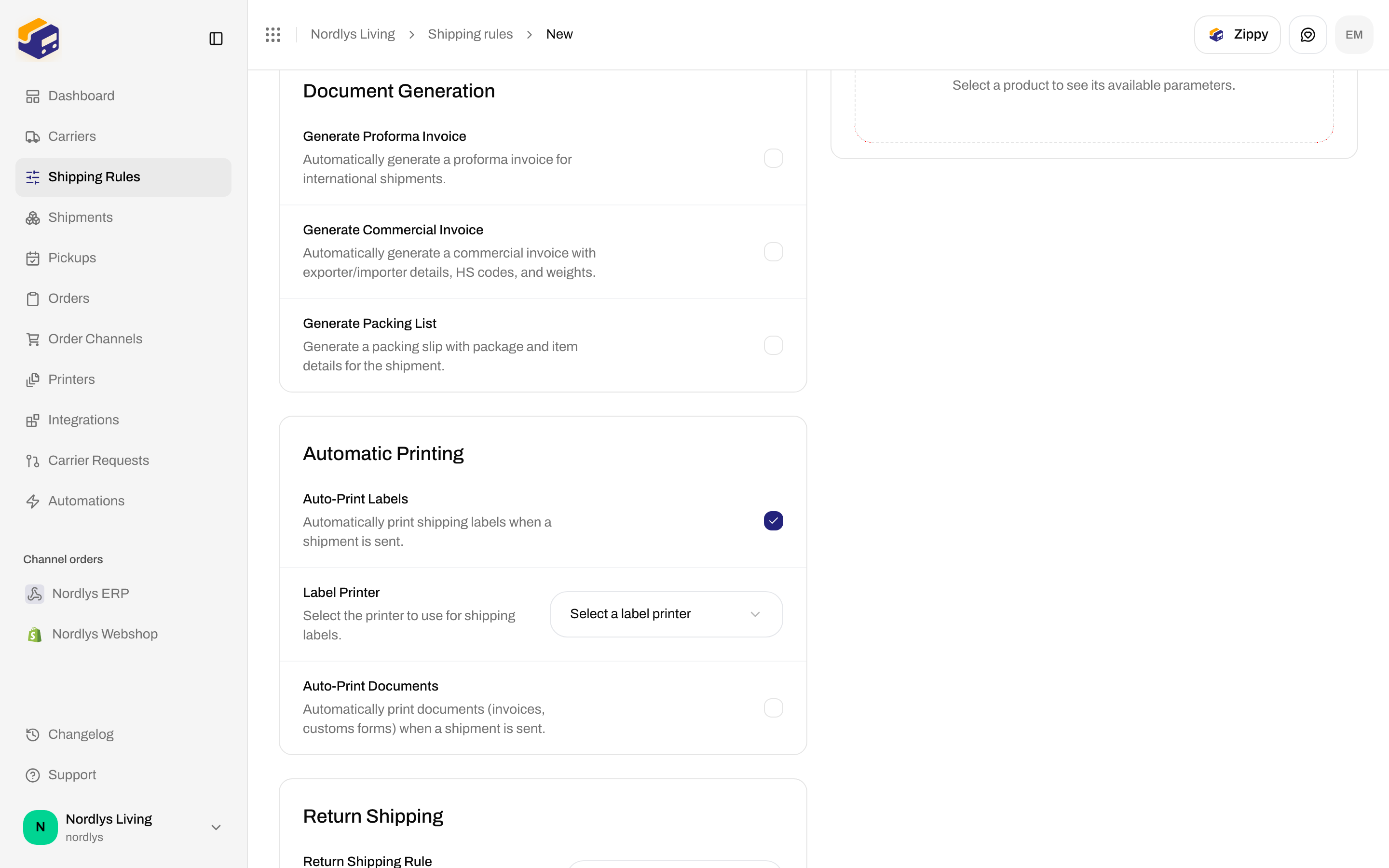 Shipping rule form Automatic Printing section with Auto-Print Labels enabled