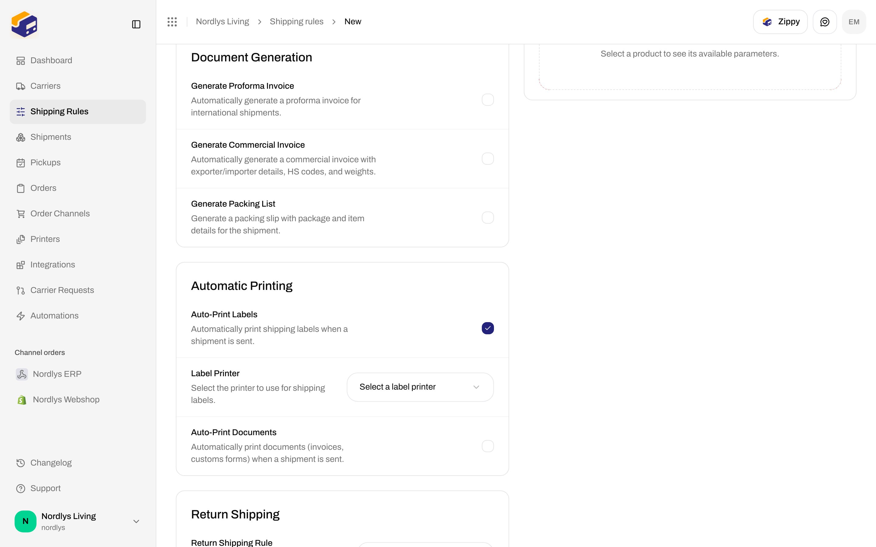 Shipping rule form Automatic Printing section with Auto-Print Labels enabled