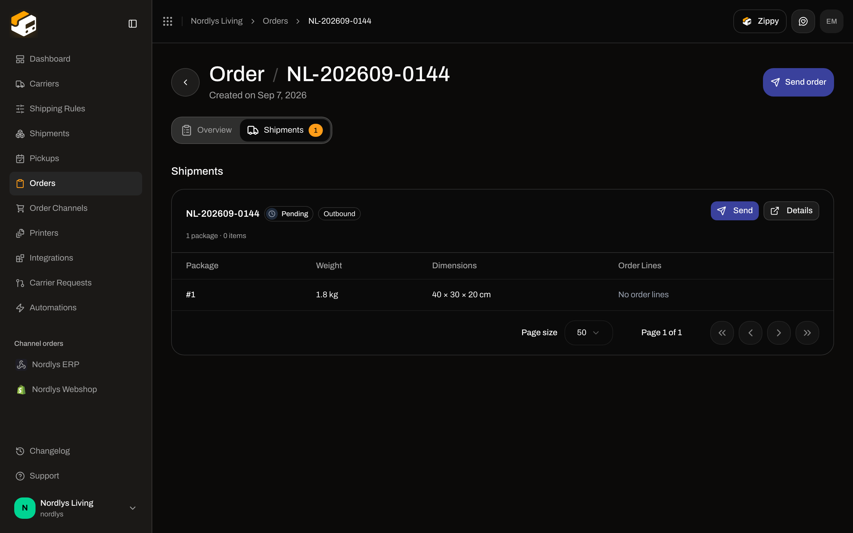 Order Shipments tab with Send order in the header and a pending shipment card