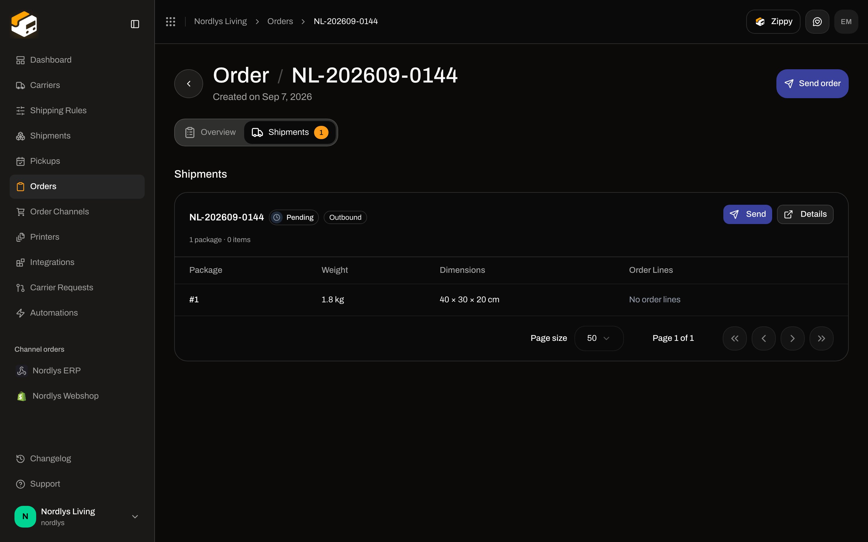 Order Shipments tab with Send order in the header and a pending shipment card