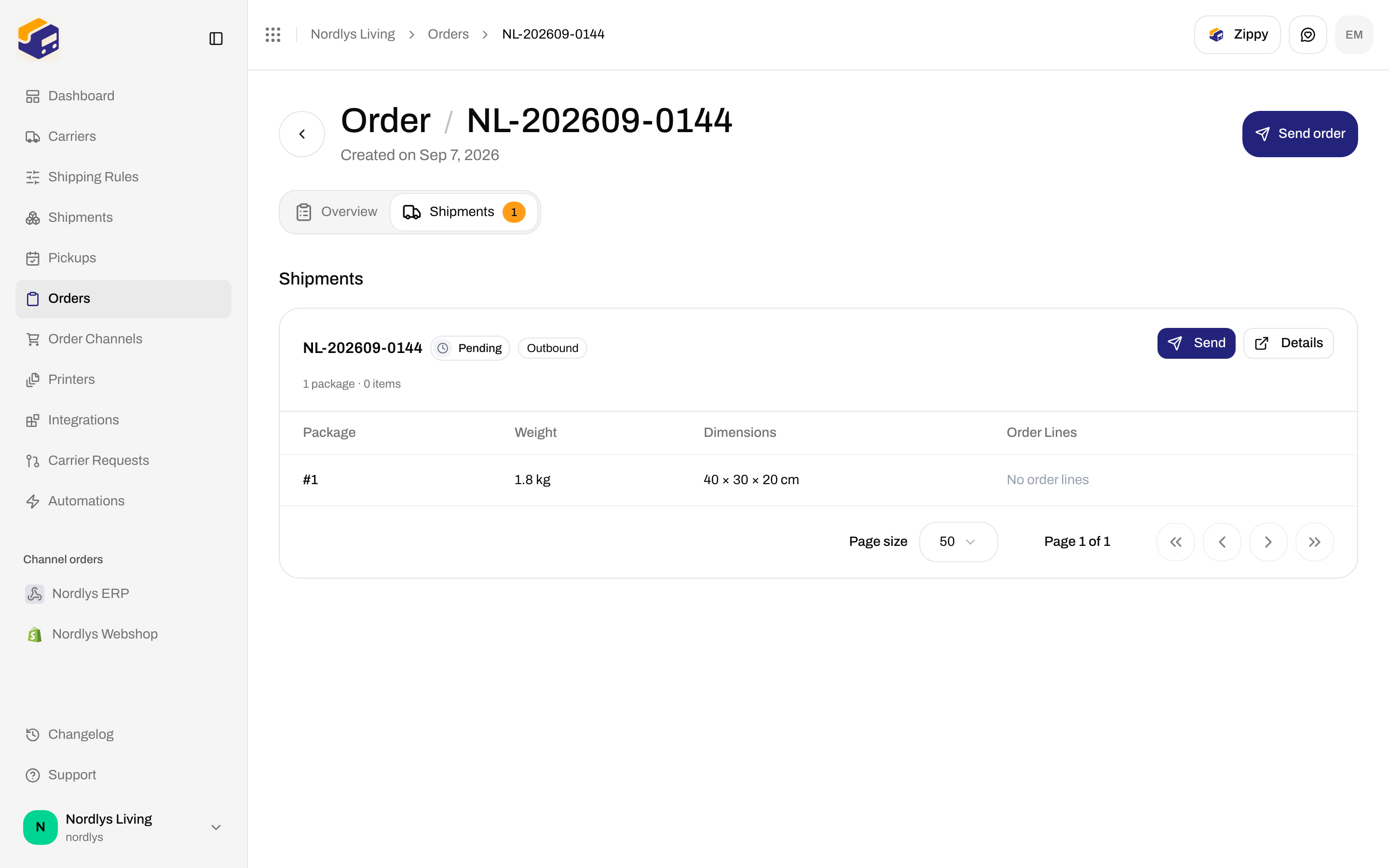 Order Shipments tab with Send order in the header and a pending shipment card
