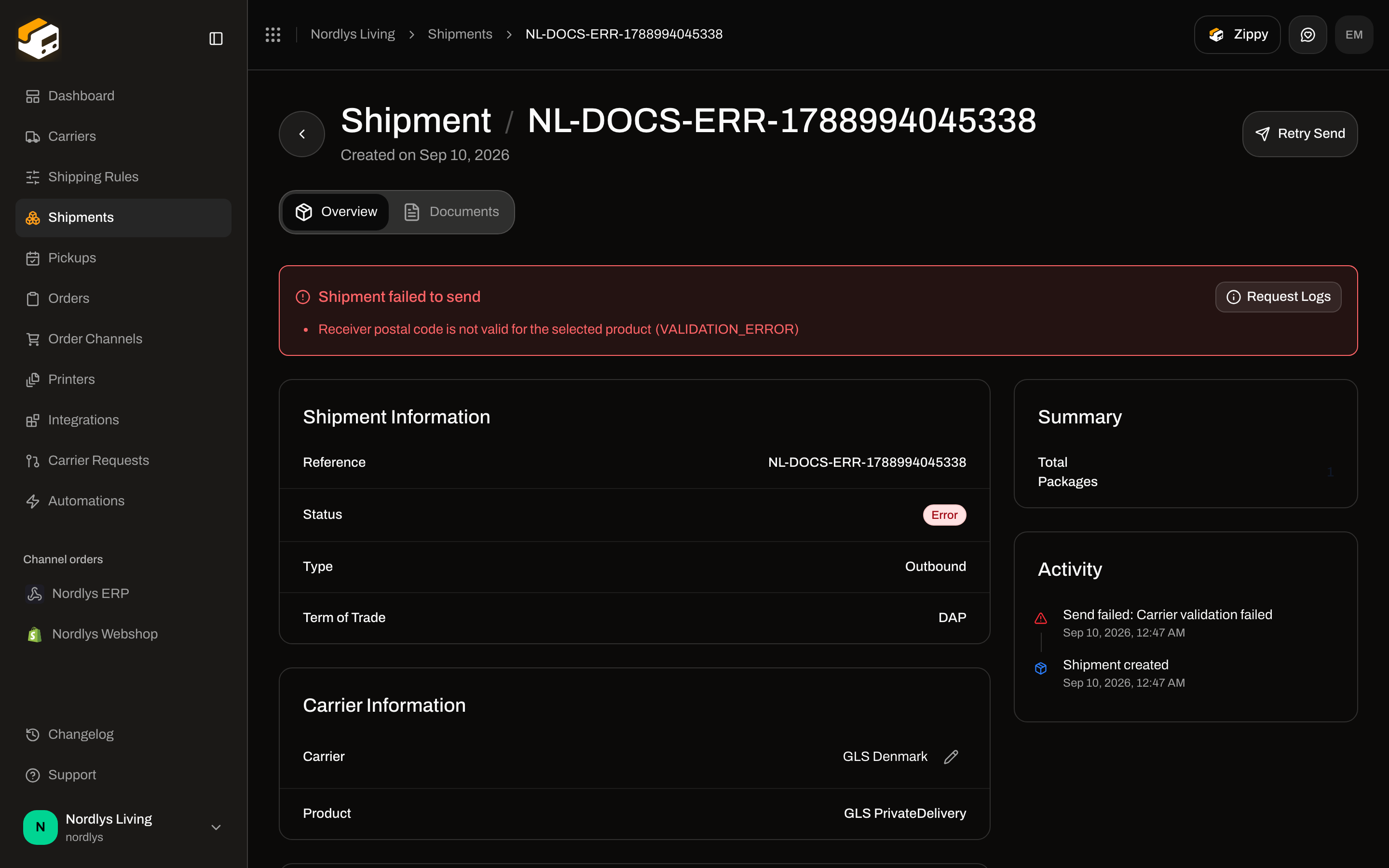 Shipment error banner Shipment failed to send with Retry Send in the header