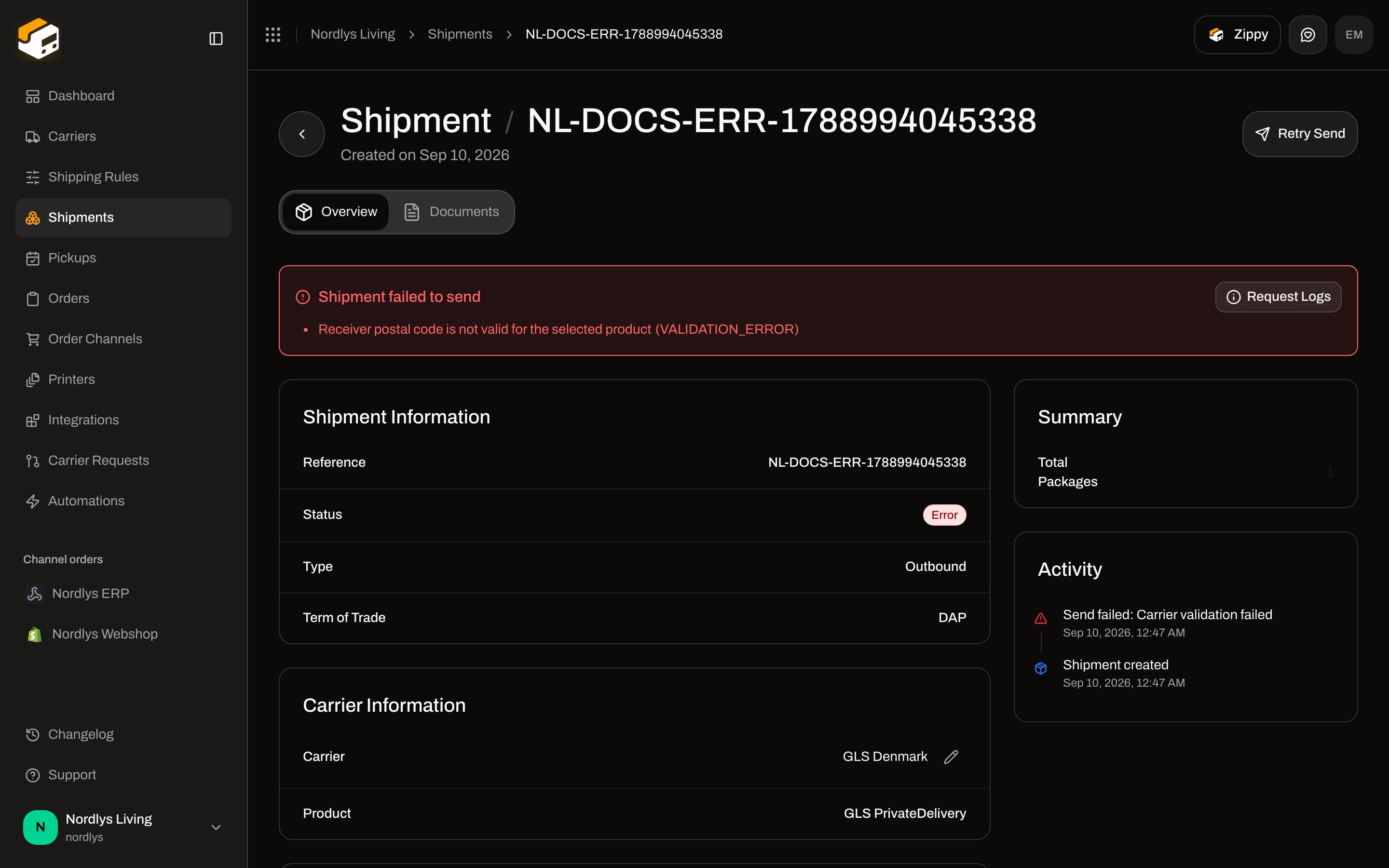 Shipment error banner Shipment failed to send with Retry Send in the header