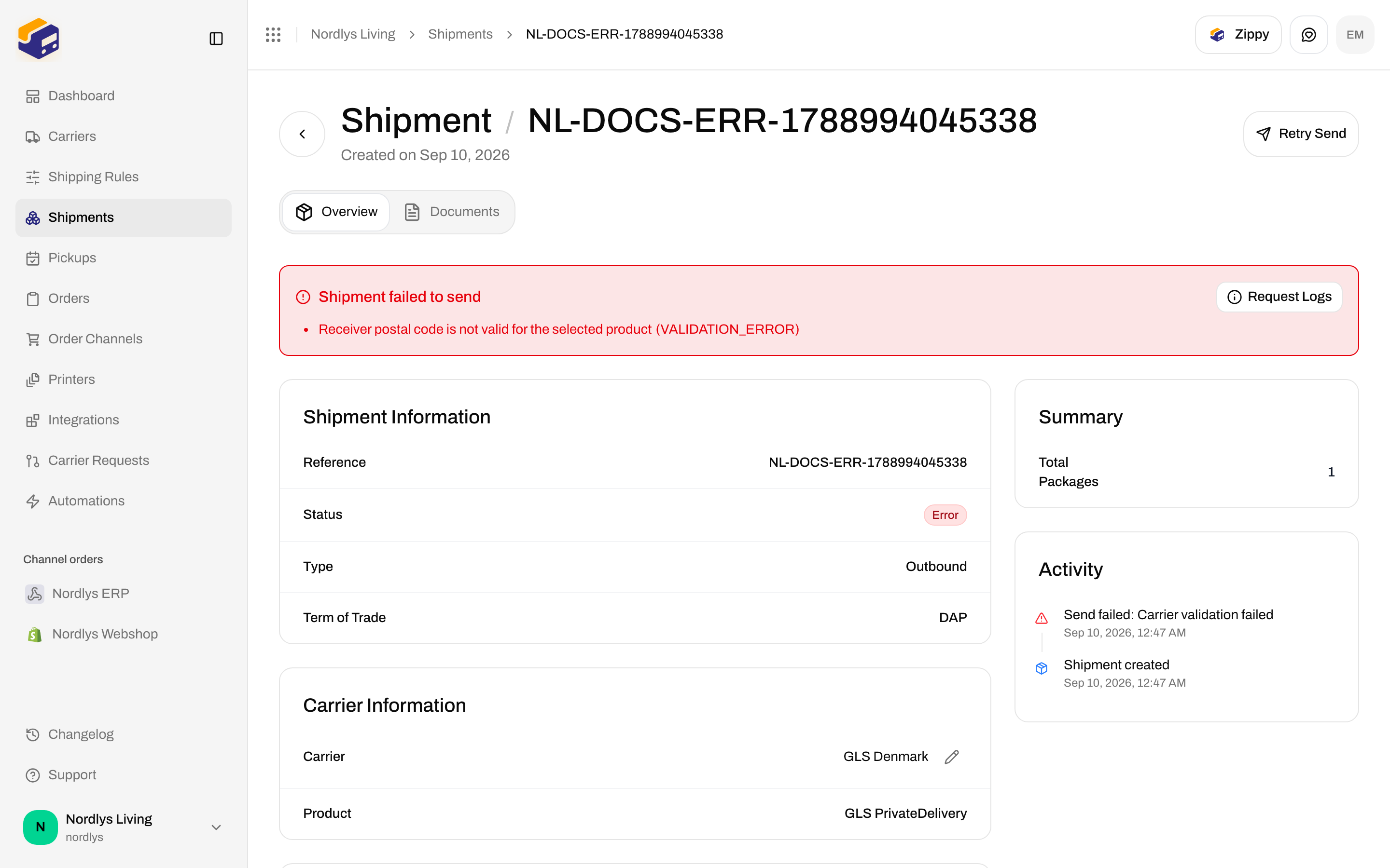 Shipment error banner Shipment failed to send with Retry Send in the header