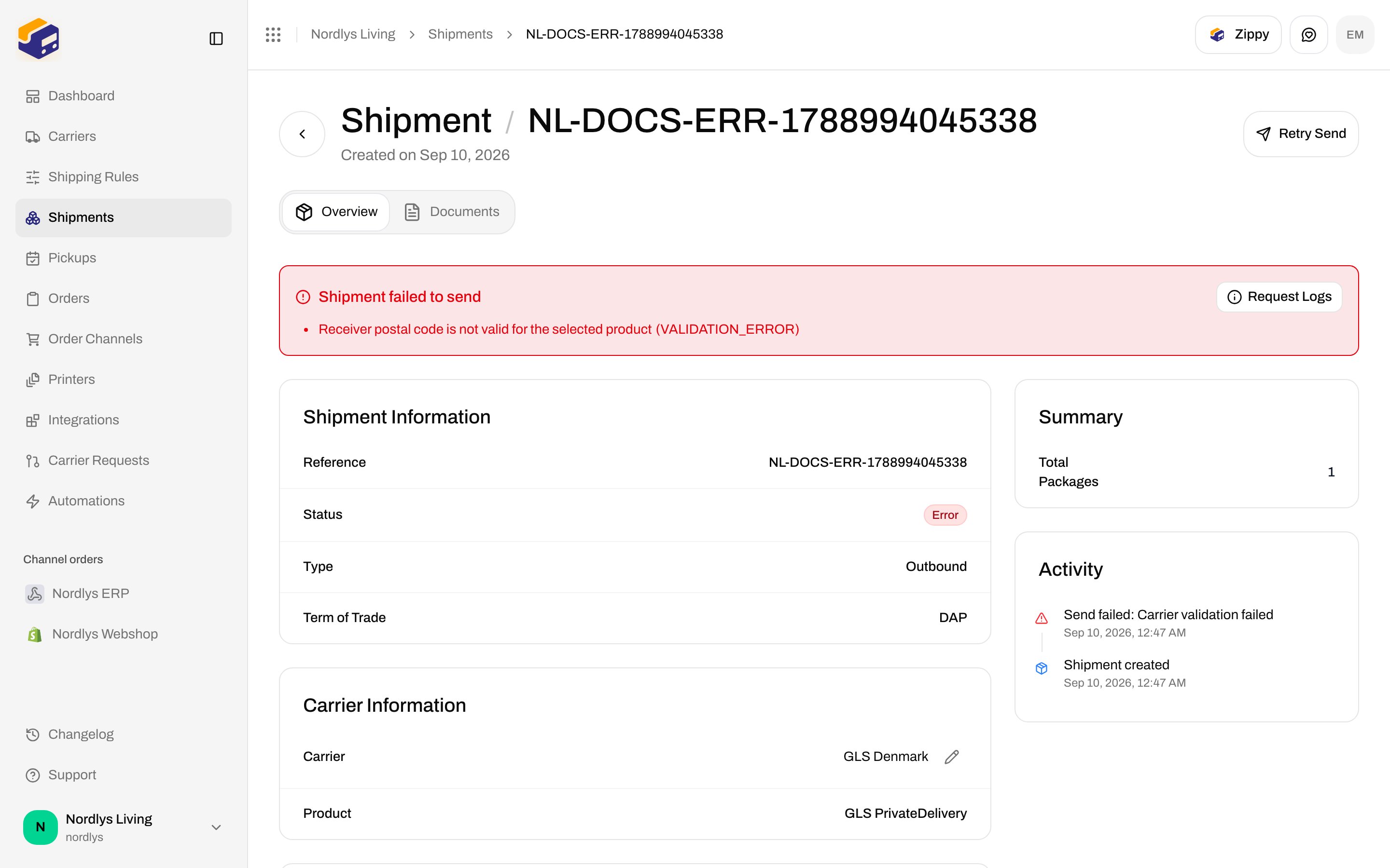 Shipment error banner Shipment failed to send with Retry Send in the header