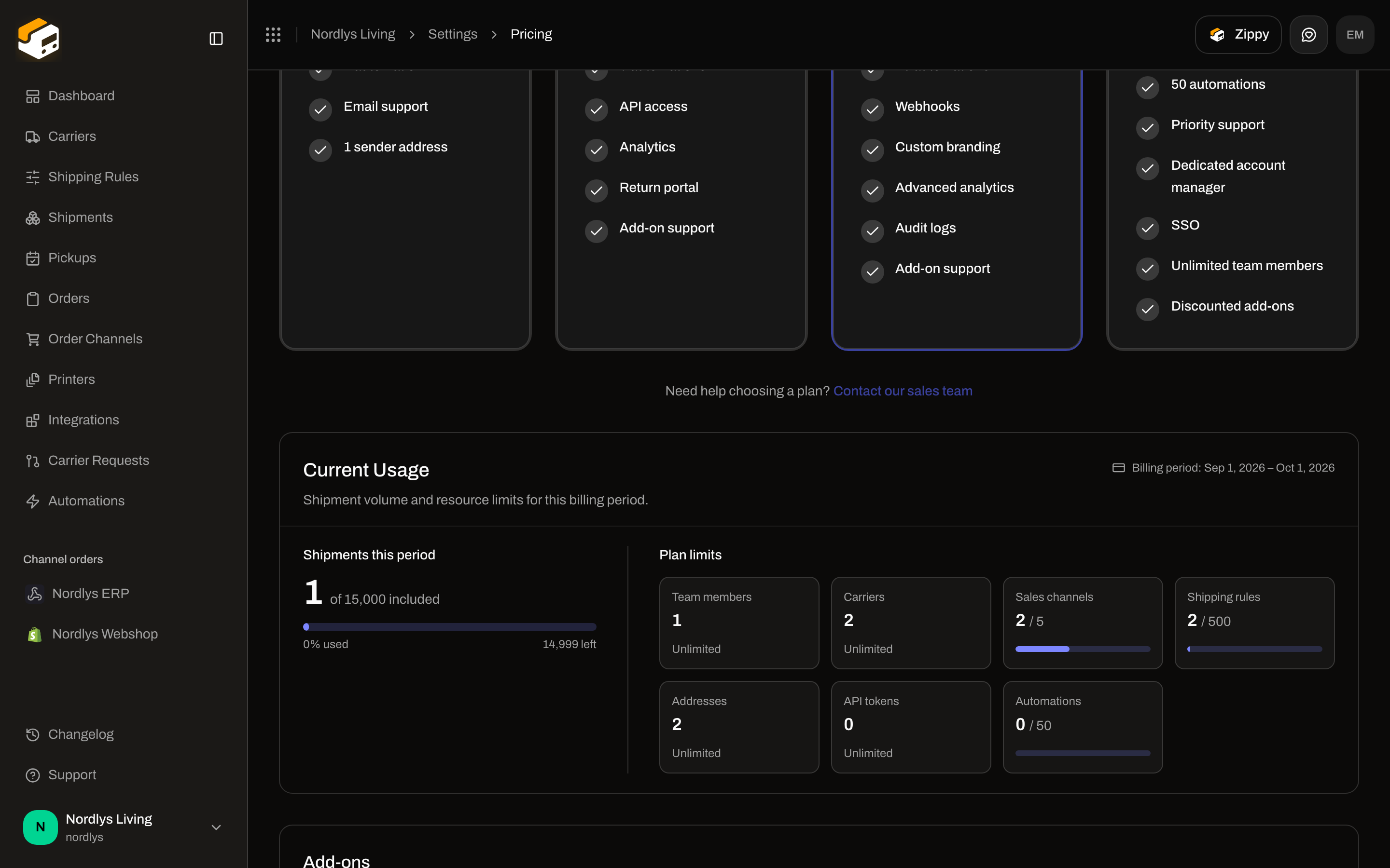 Settings Pricing Current Usage with Shipments this period