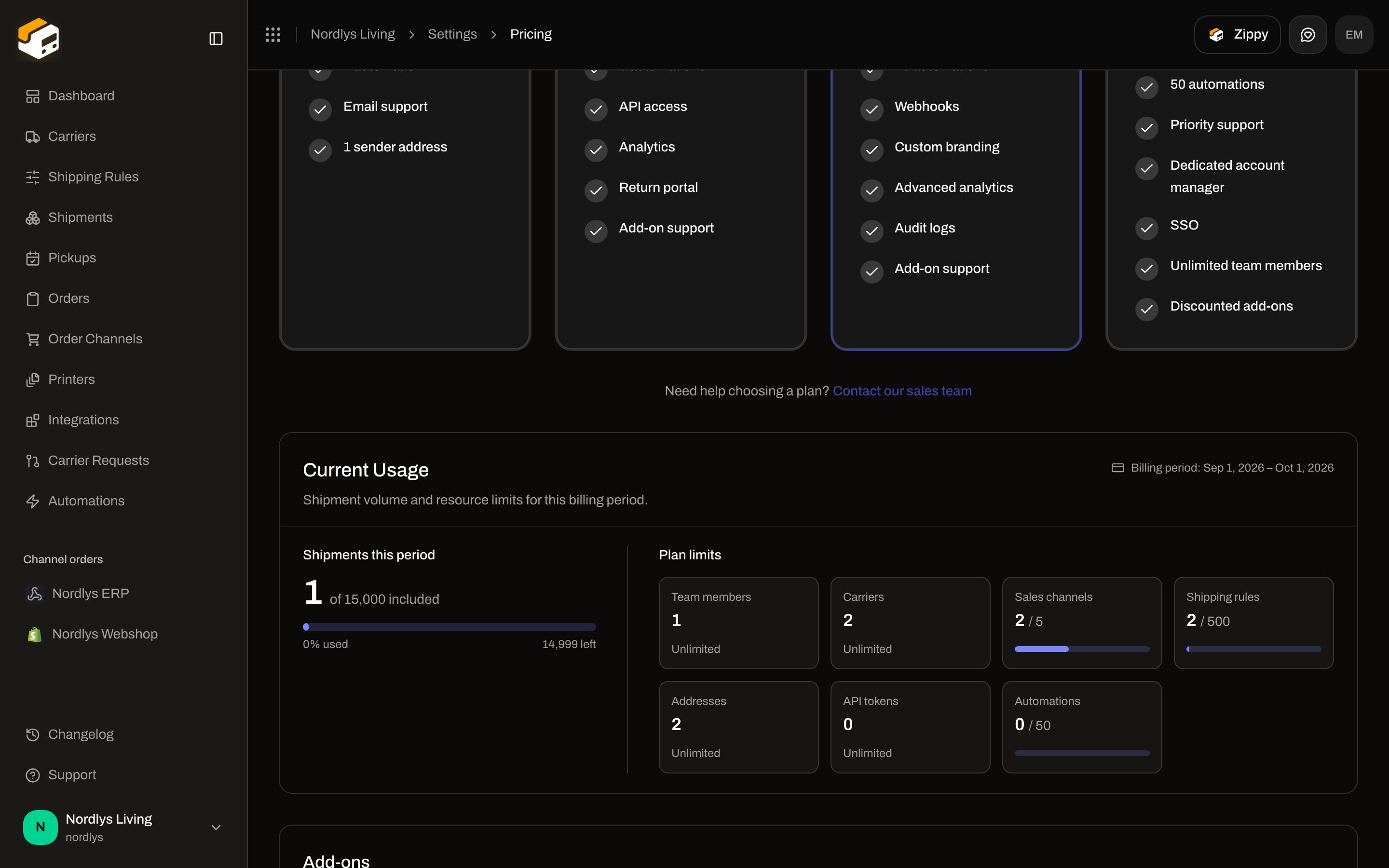 Settings Pricing Current Usage with Shipments this period