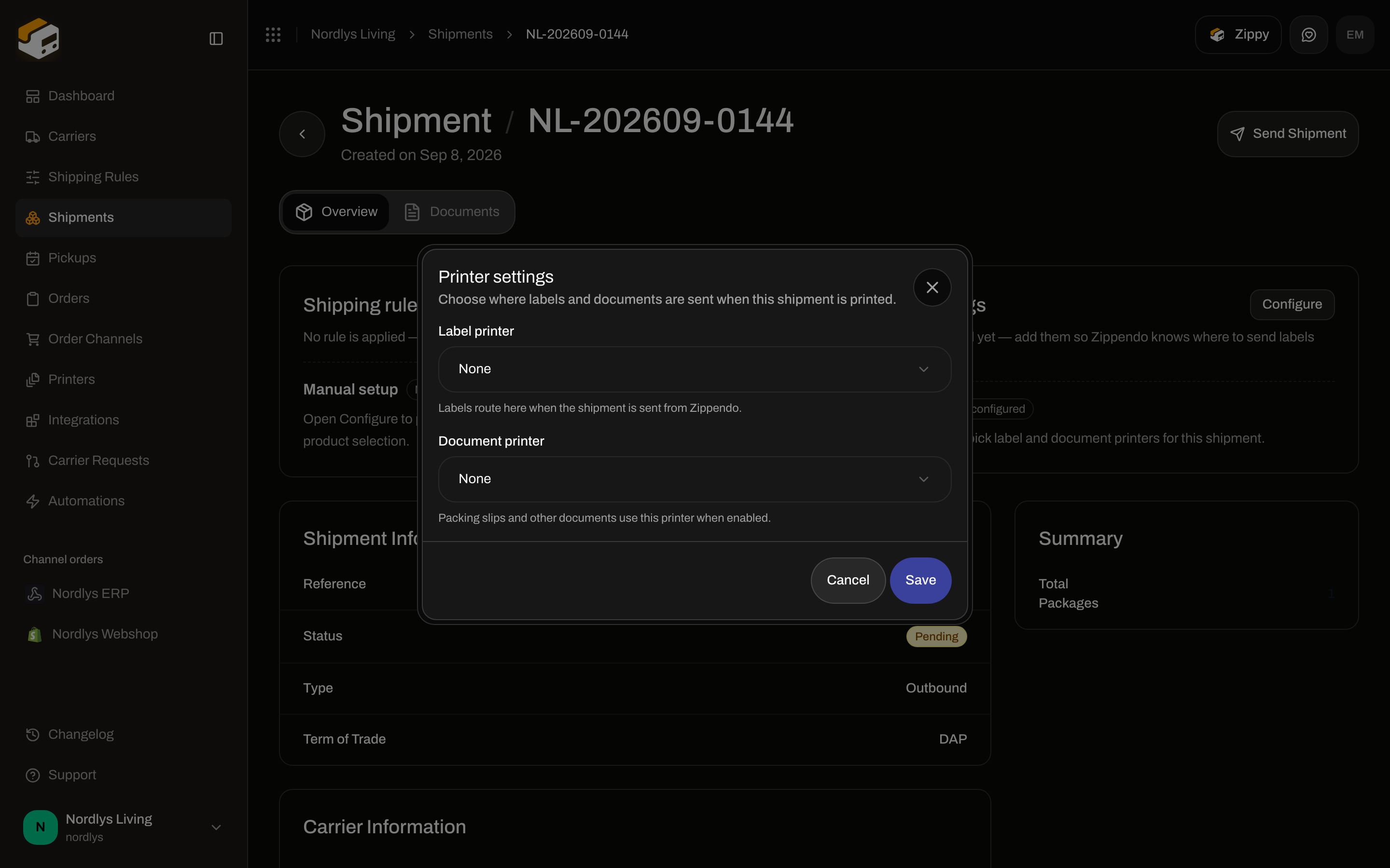 Printer settings modal with label and document printer fields