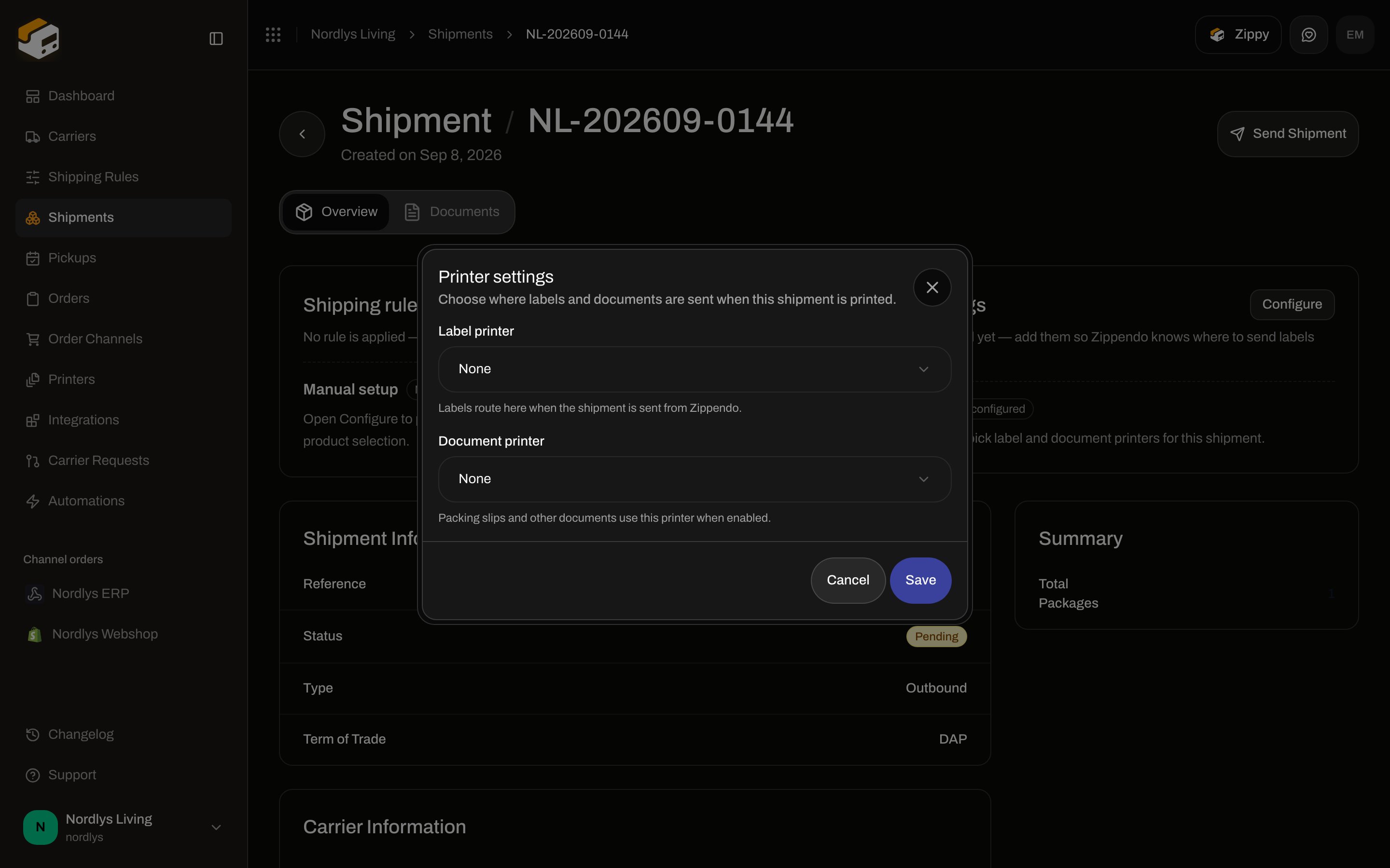 Printer settings modal with label and document printer fields