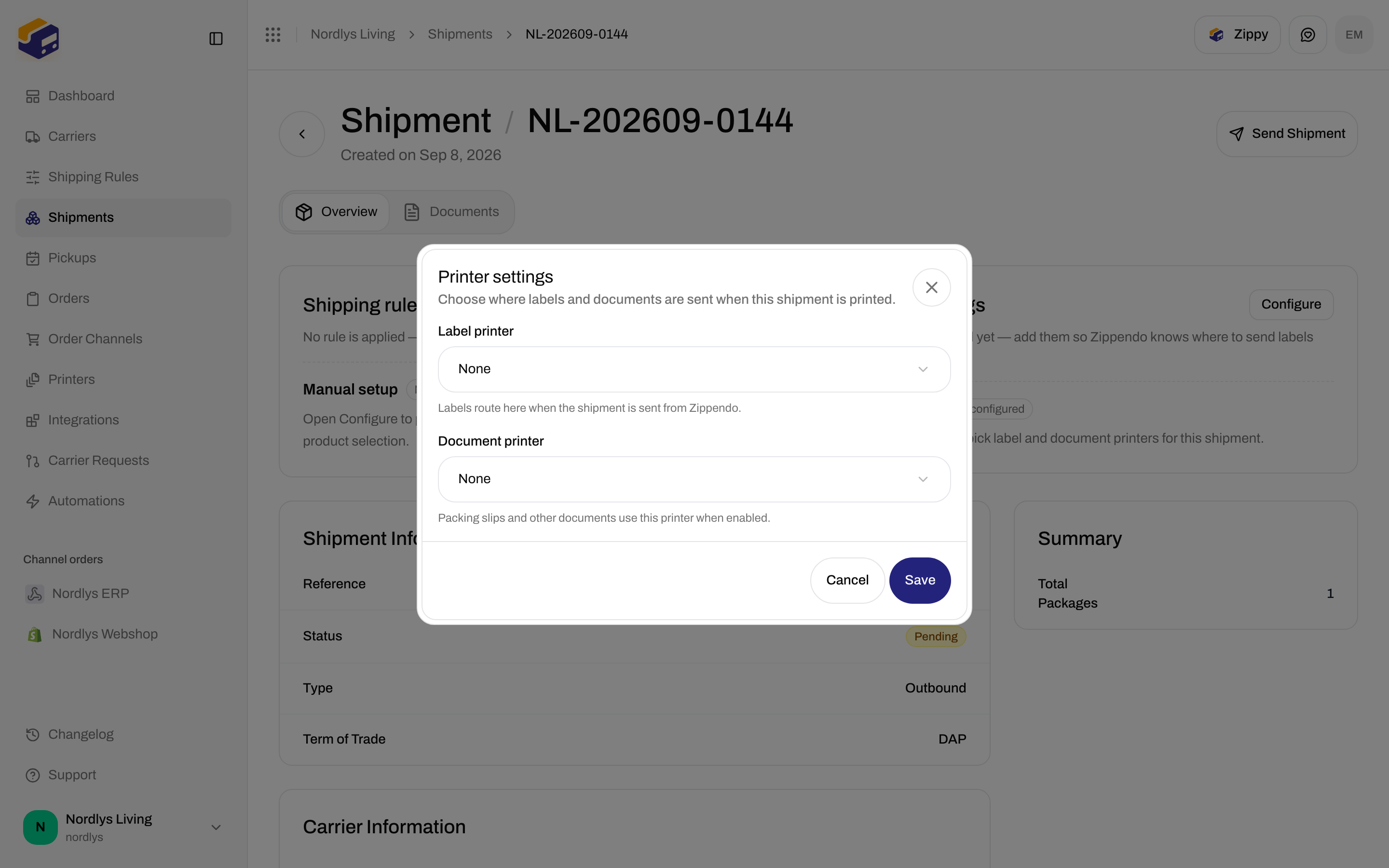 Printer settings modal with label and document printer fields