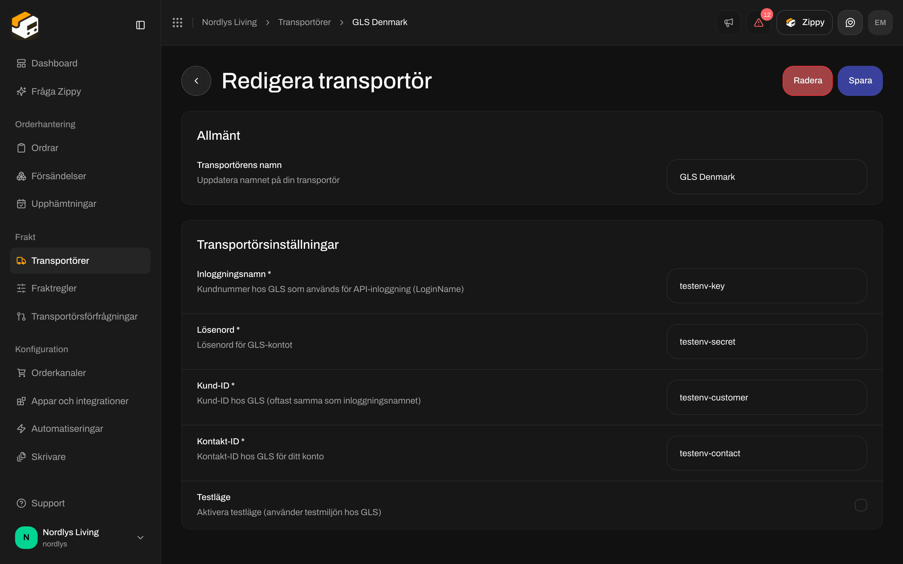 Redigera transportör för GLS Denmark med Inloggningsnamn, Lösenord, Kund-ID, Kontakt-ID och Testläge
