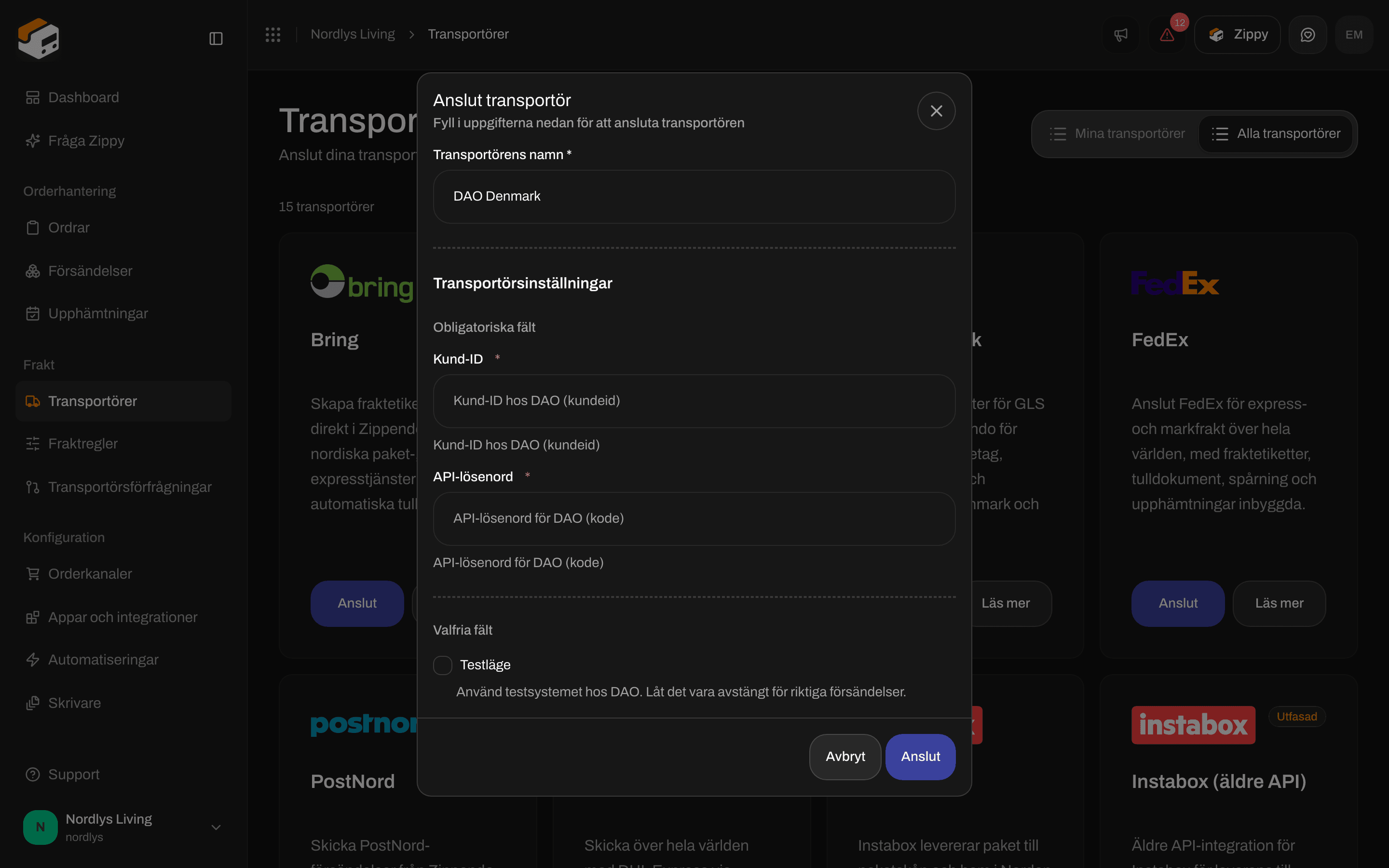 Anslut transportör för DAO Denmark med Kund-ID och API-lösenord