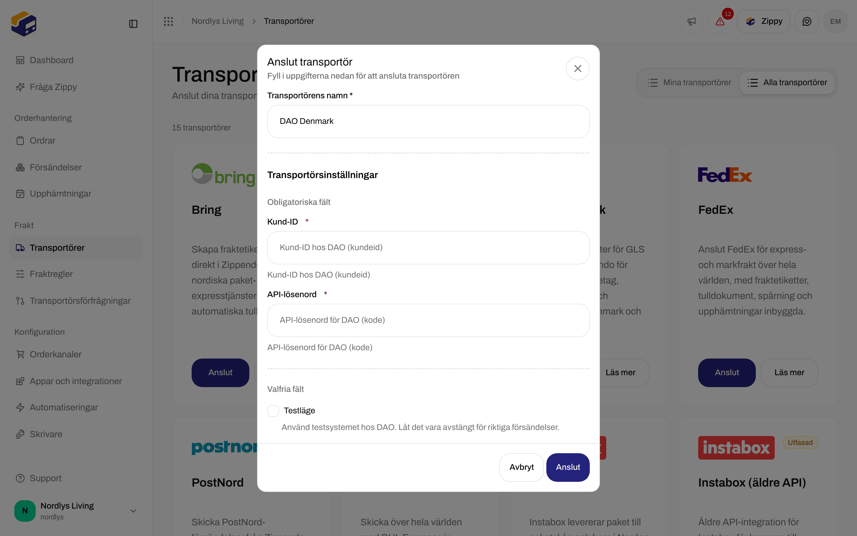 Anslut transportör för DAO Denmark med Kund-ID och API-lösenord