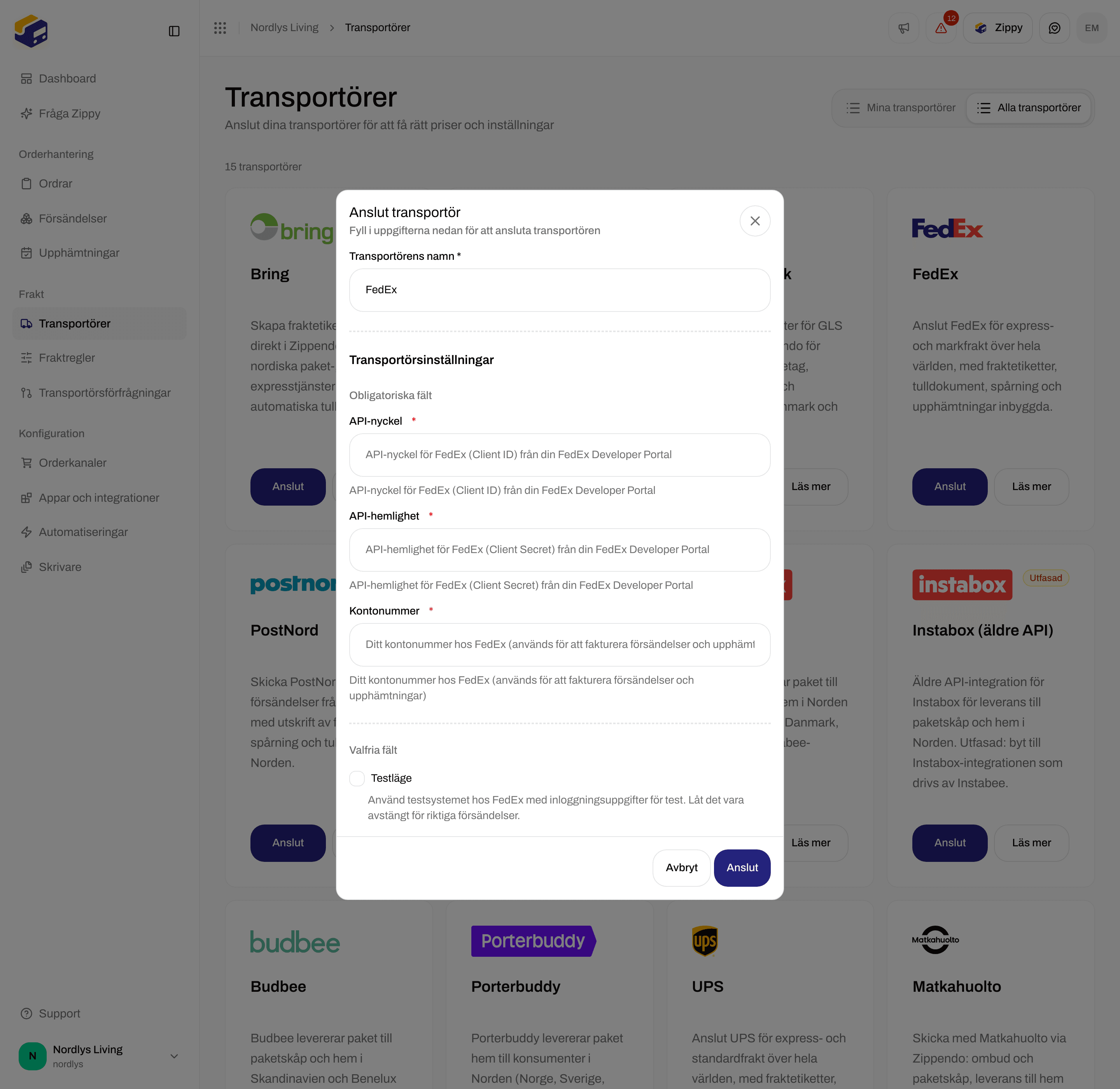 Anslut transportör för FedEx med API-nyckel, API-hemlighet och Kontonummer
