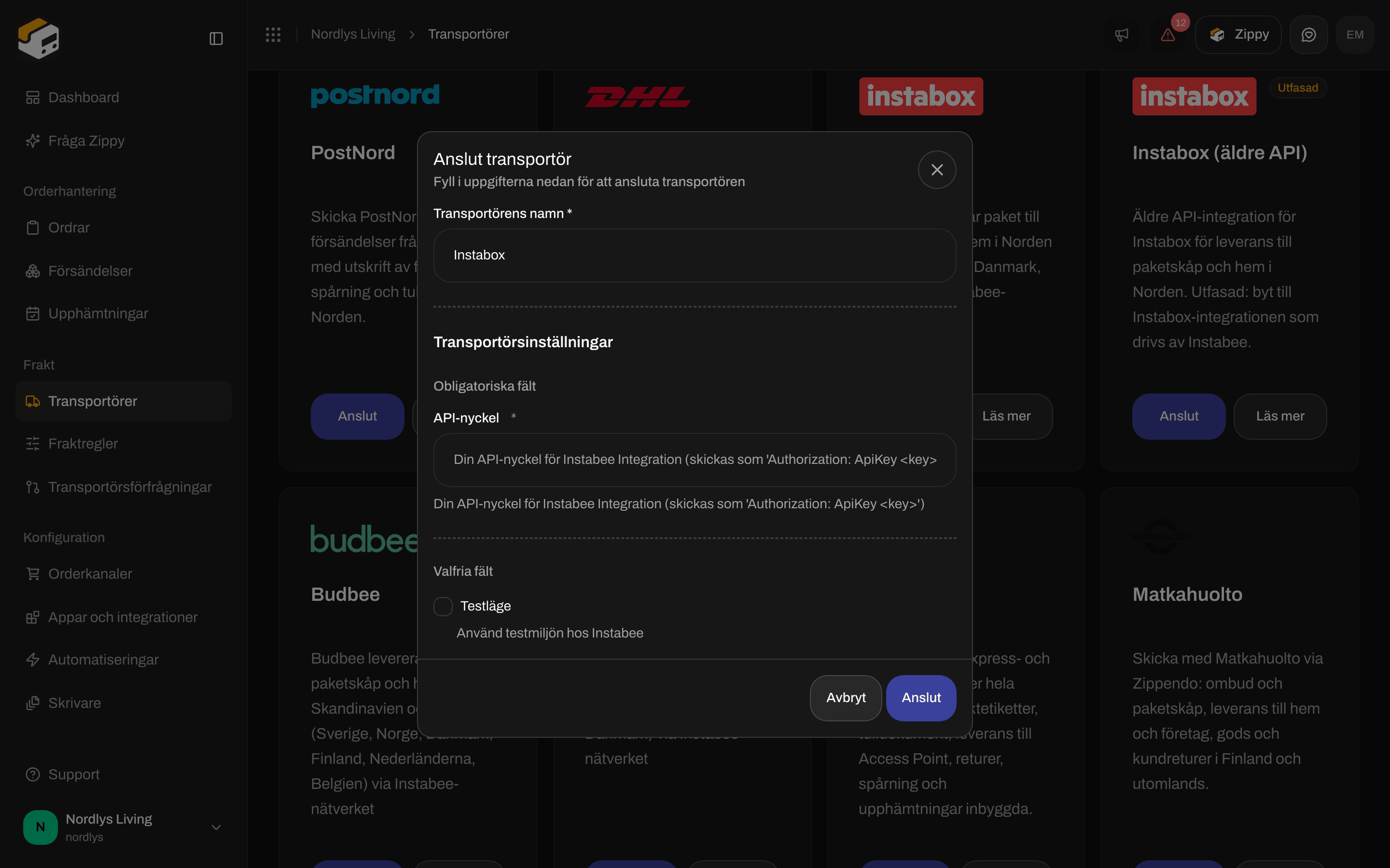 Anslut transportör för Instabox med API-nyckel och Testläge