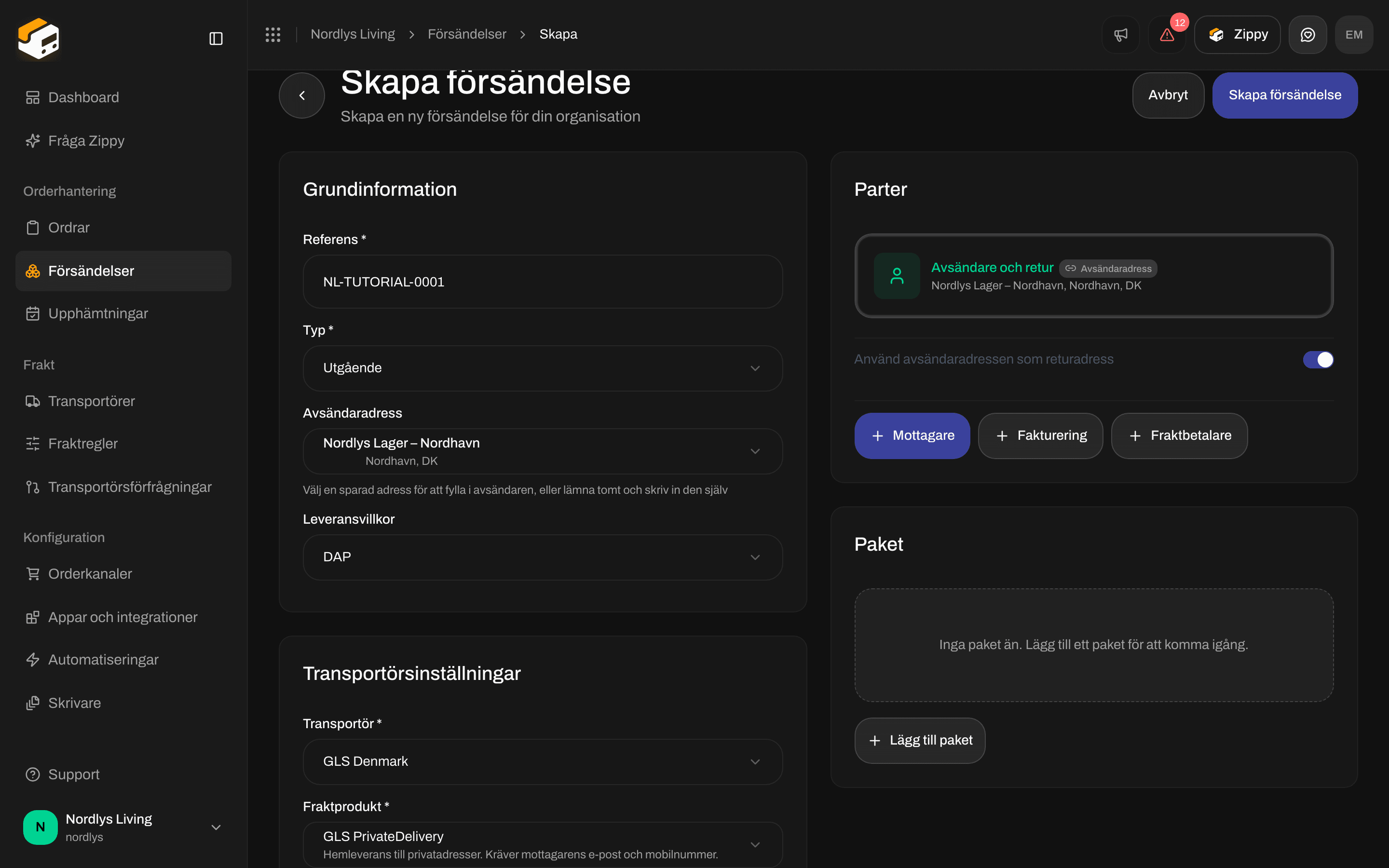 Kortet Transportörsinställningar med GLS PrivateDelivery och tre tilläggstjänster