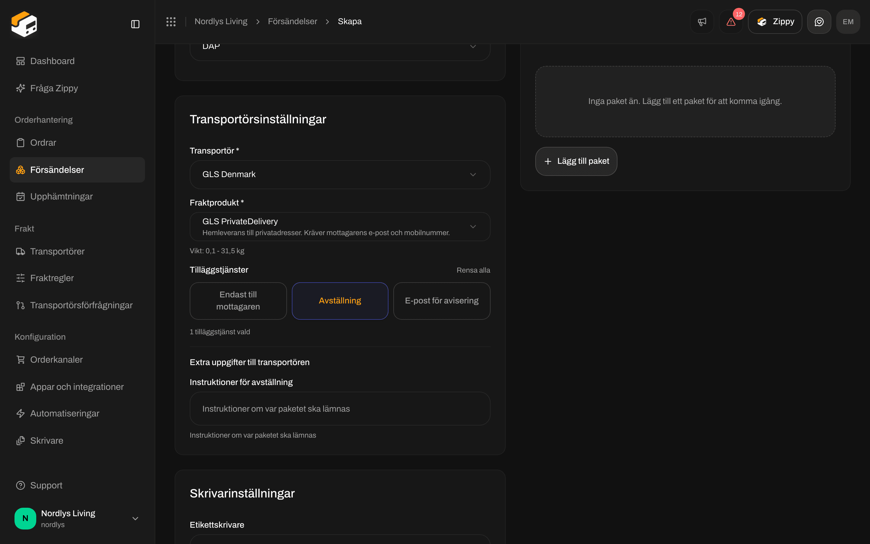 Extra uppgifter till transportören med fältet Deposit instructions efter att Deposit har aktiverats