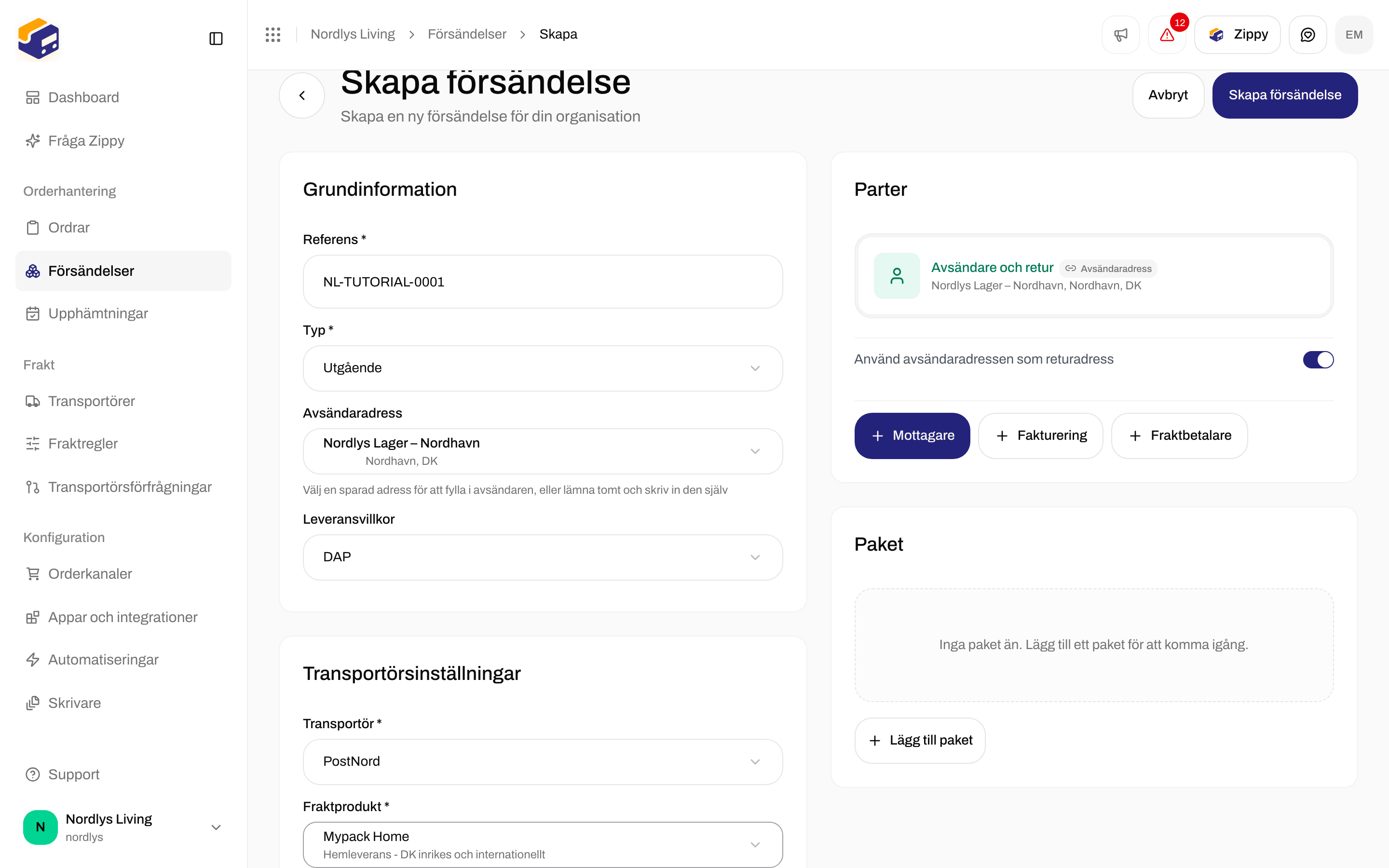 Kortet Transportörsinställningar med PostNord Mypack Home, dess tilläggstjänster och sökfältet
