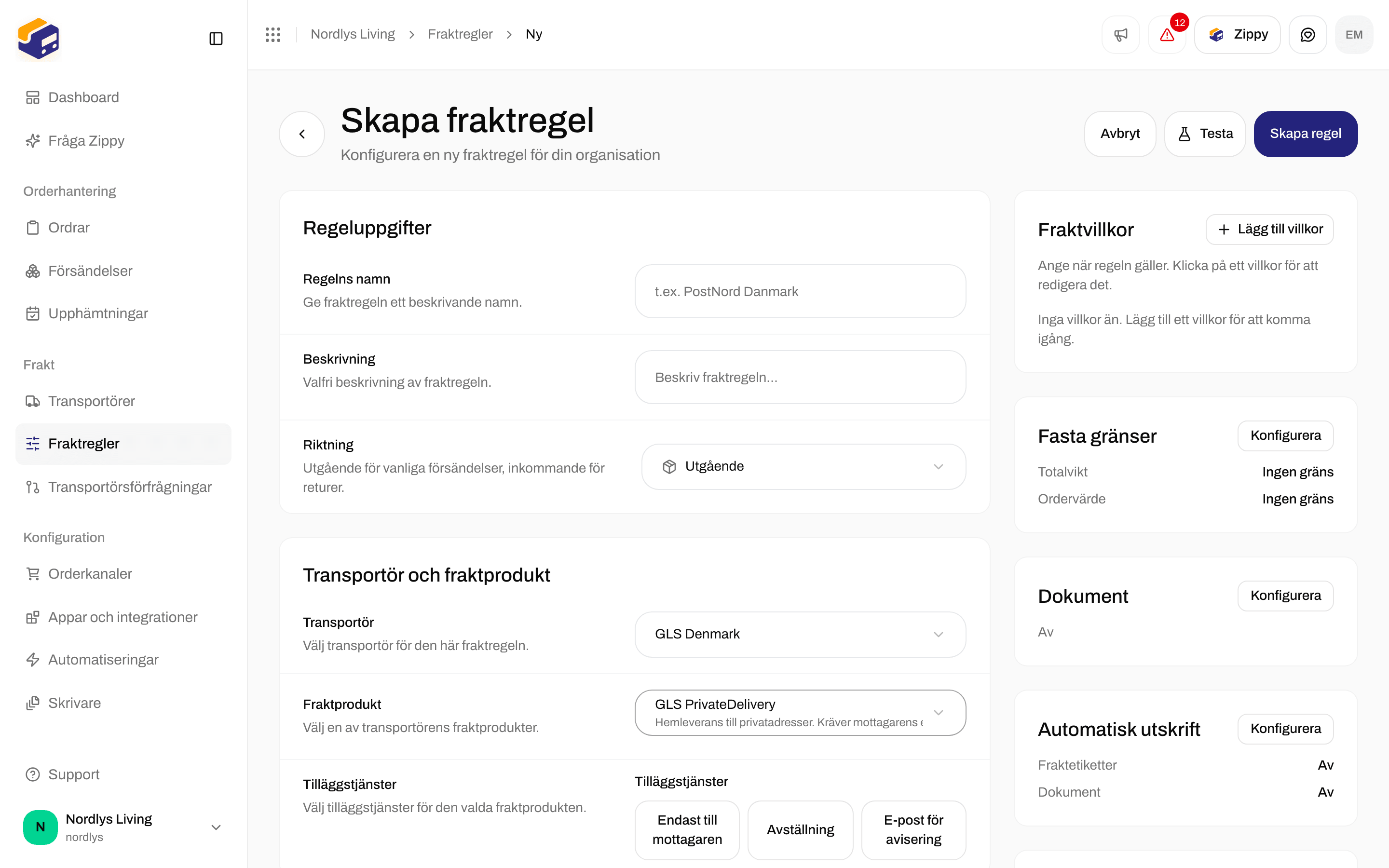 Formuläret för att skapa fraktregel med fälten Transportör, Fraktprodukt och Tilläggstjänster